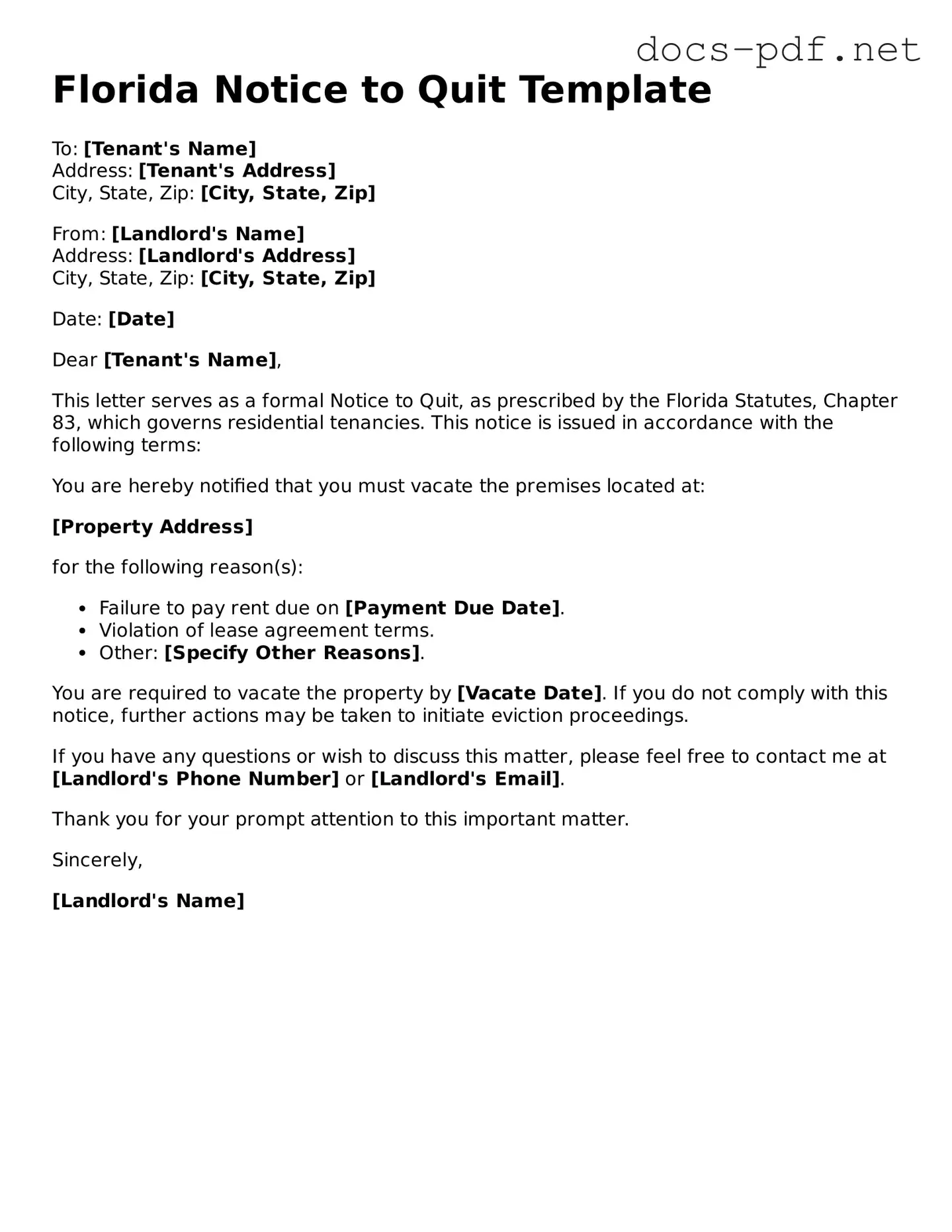 Official  Notice to Quit Form for Florida