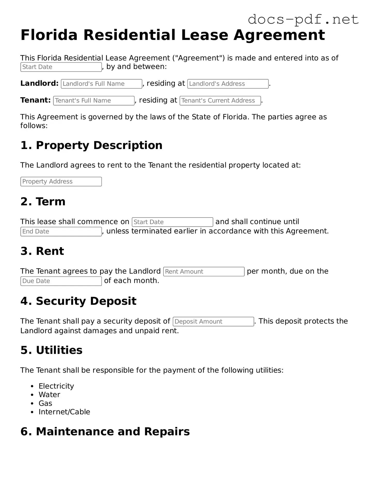 Official  Residential Lease Agreement Form for Florida