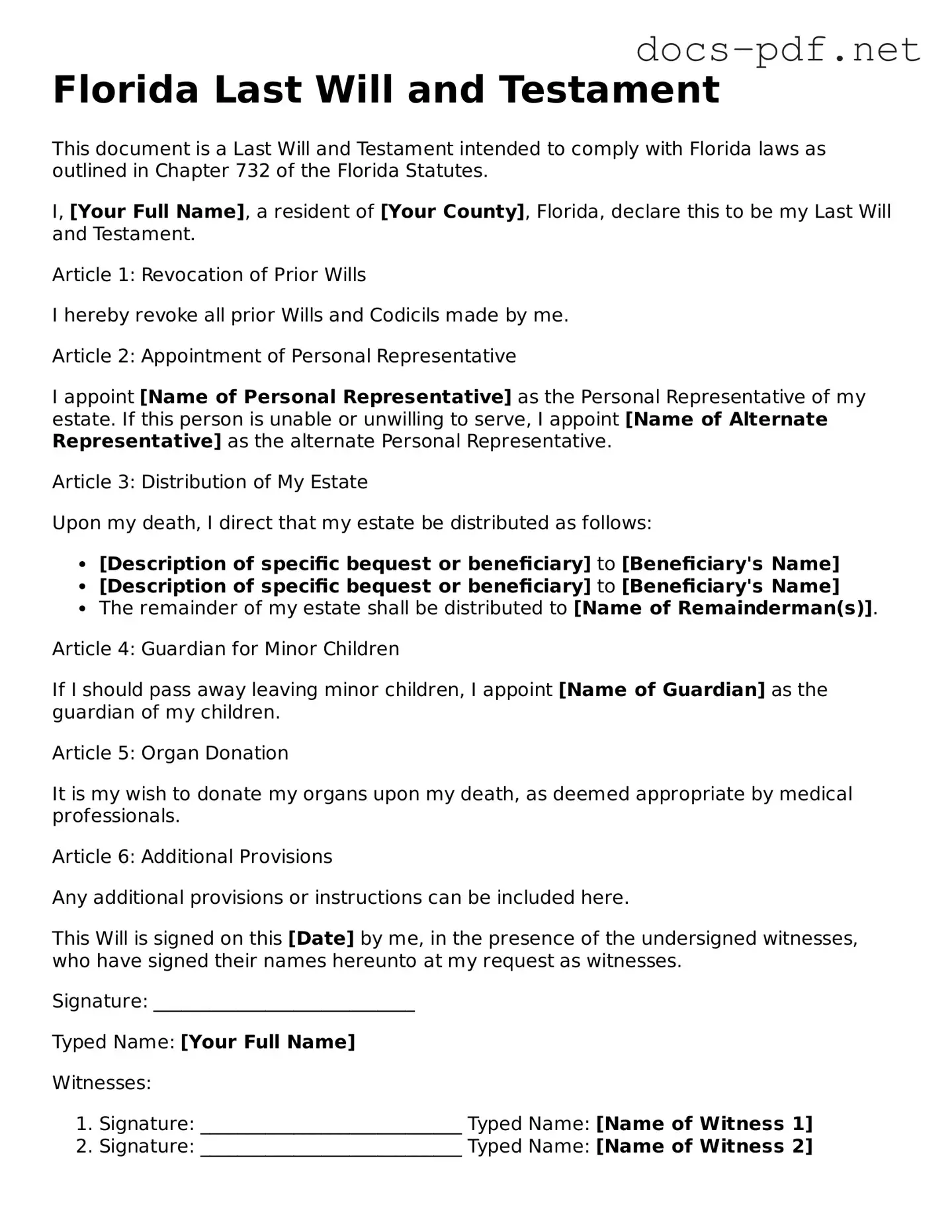 Official  Last Will and Testament Form for Florida