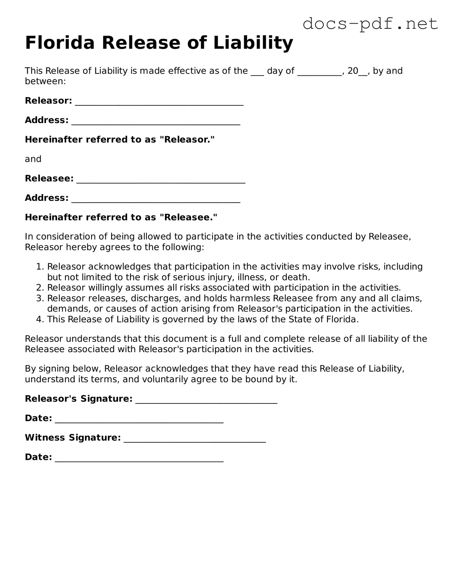Official  Release of Liability Form for Florida