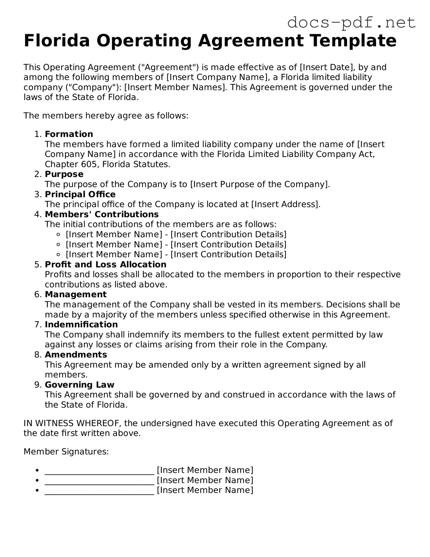 Official  Operating Agreement Form for Florida