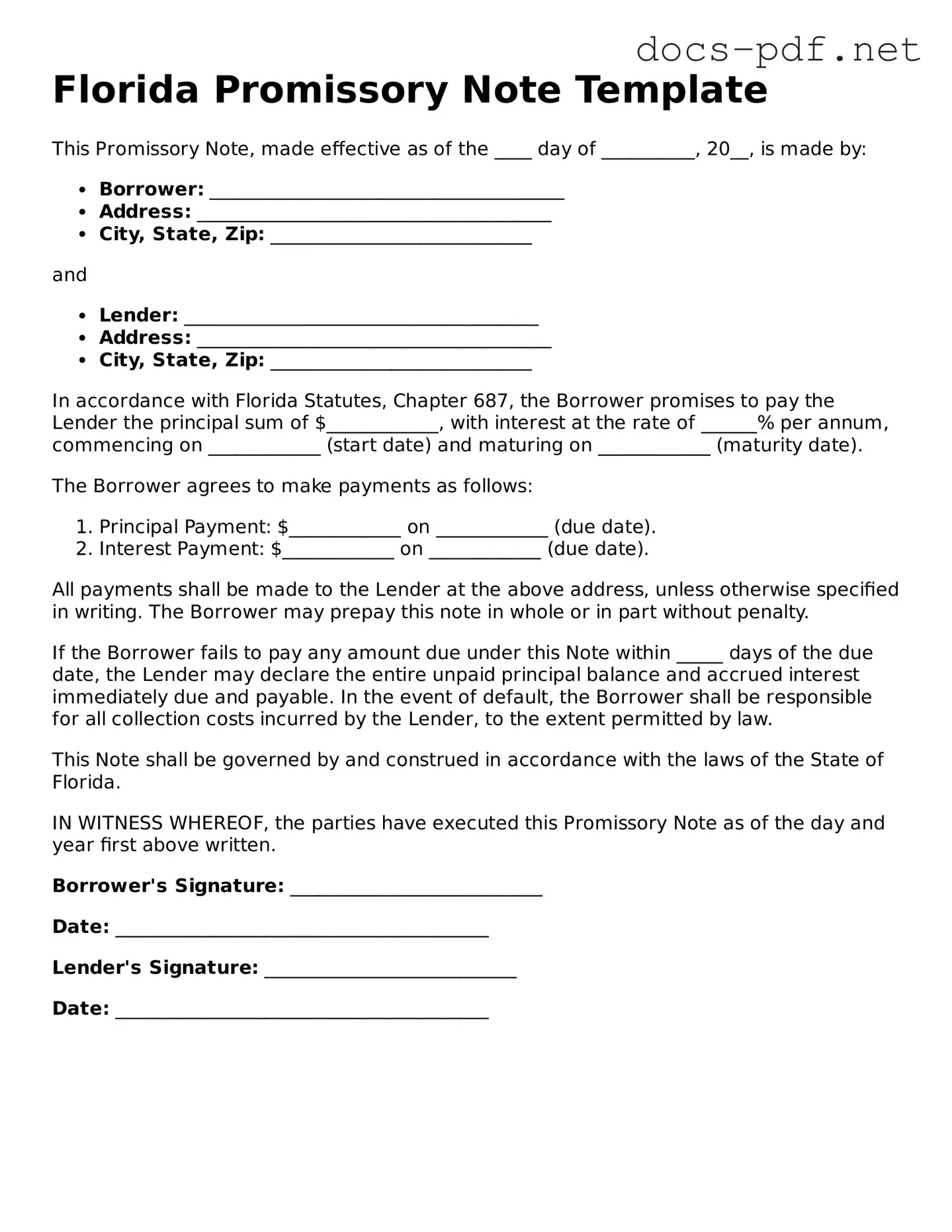 Official  Promissory Note Form for Florida