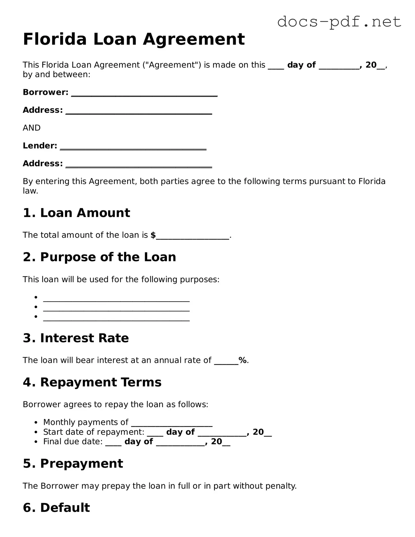 Official  Loan Agreement Form for Florida