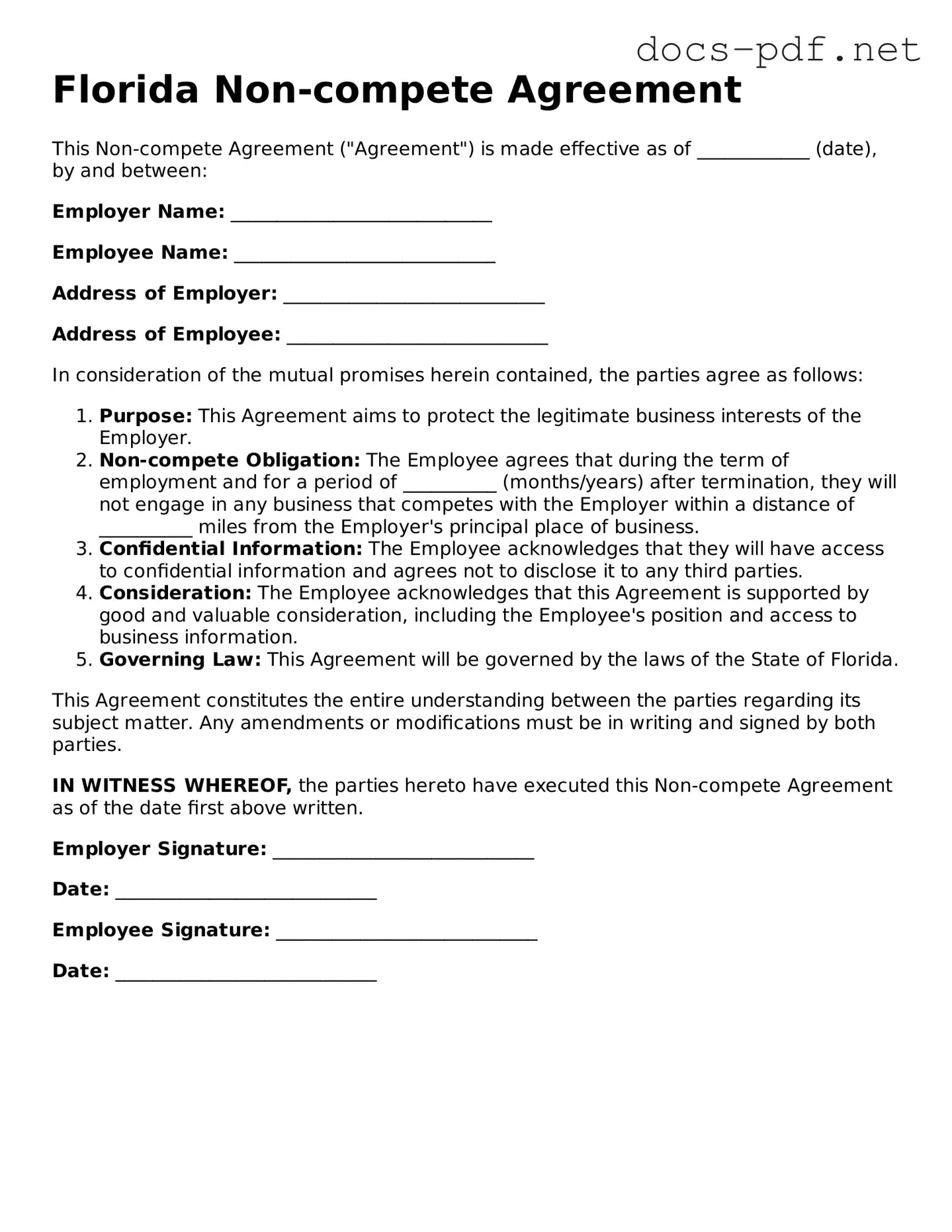 Official  Non-compete Agreement Form for Florida