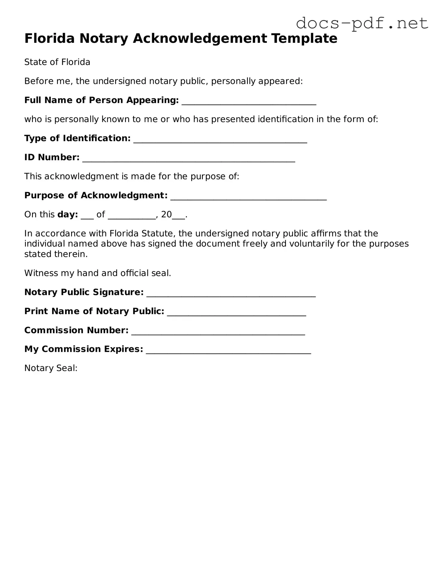Official  Notary Acknowledgement Form for Florida