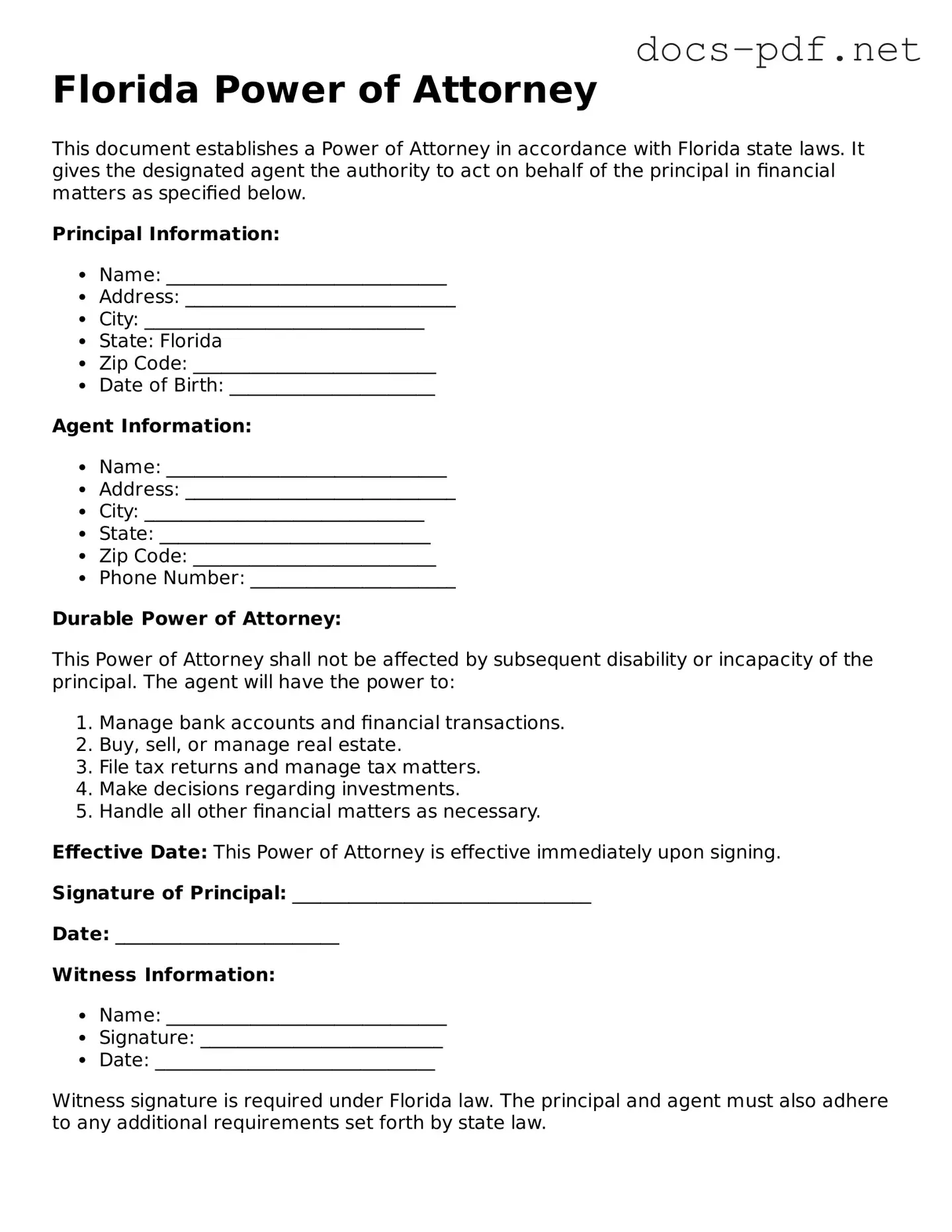 Official  Power of Attorney Form for Florida
