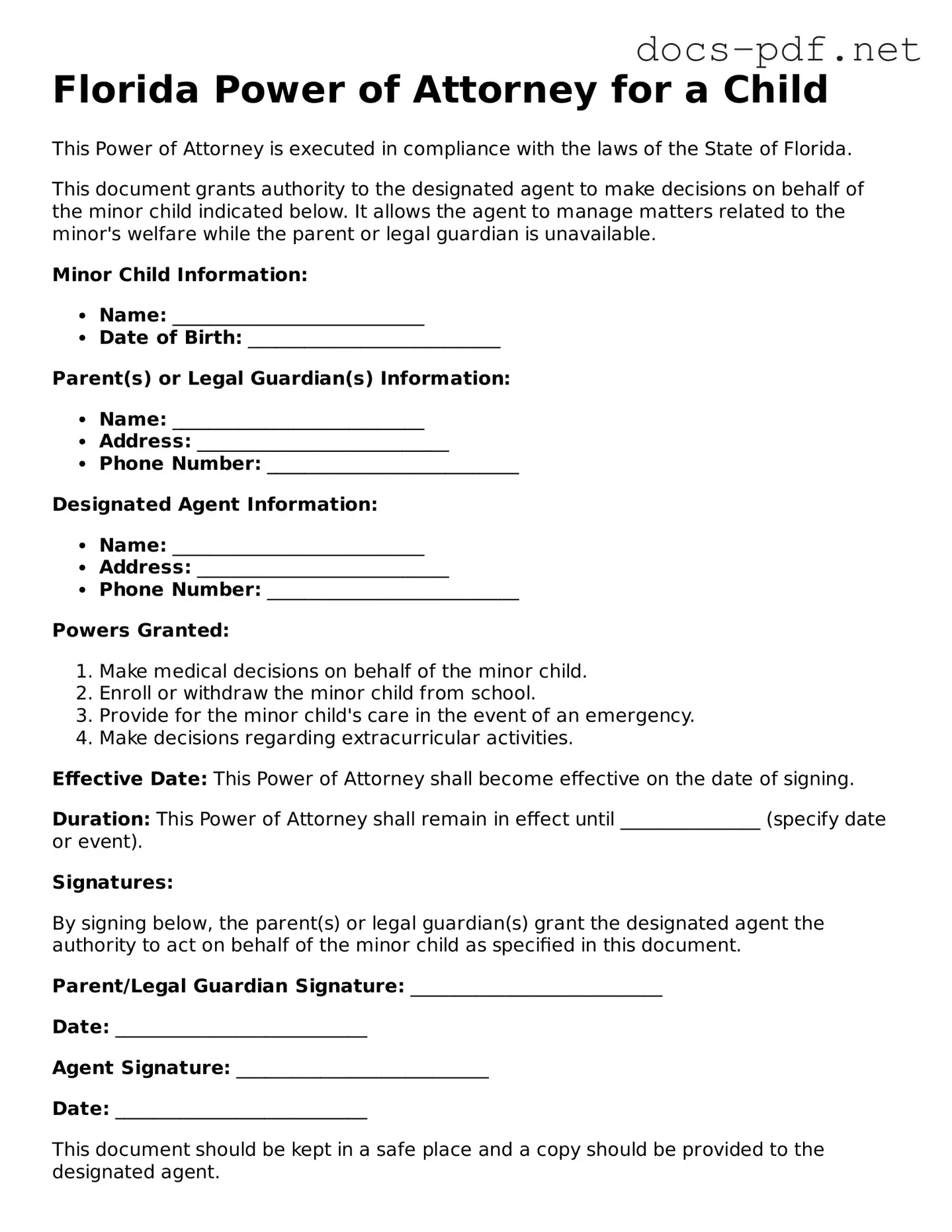 Official  Power of Attorney for a Child Form for Florida