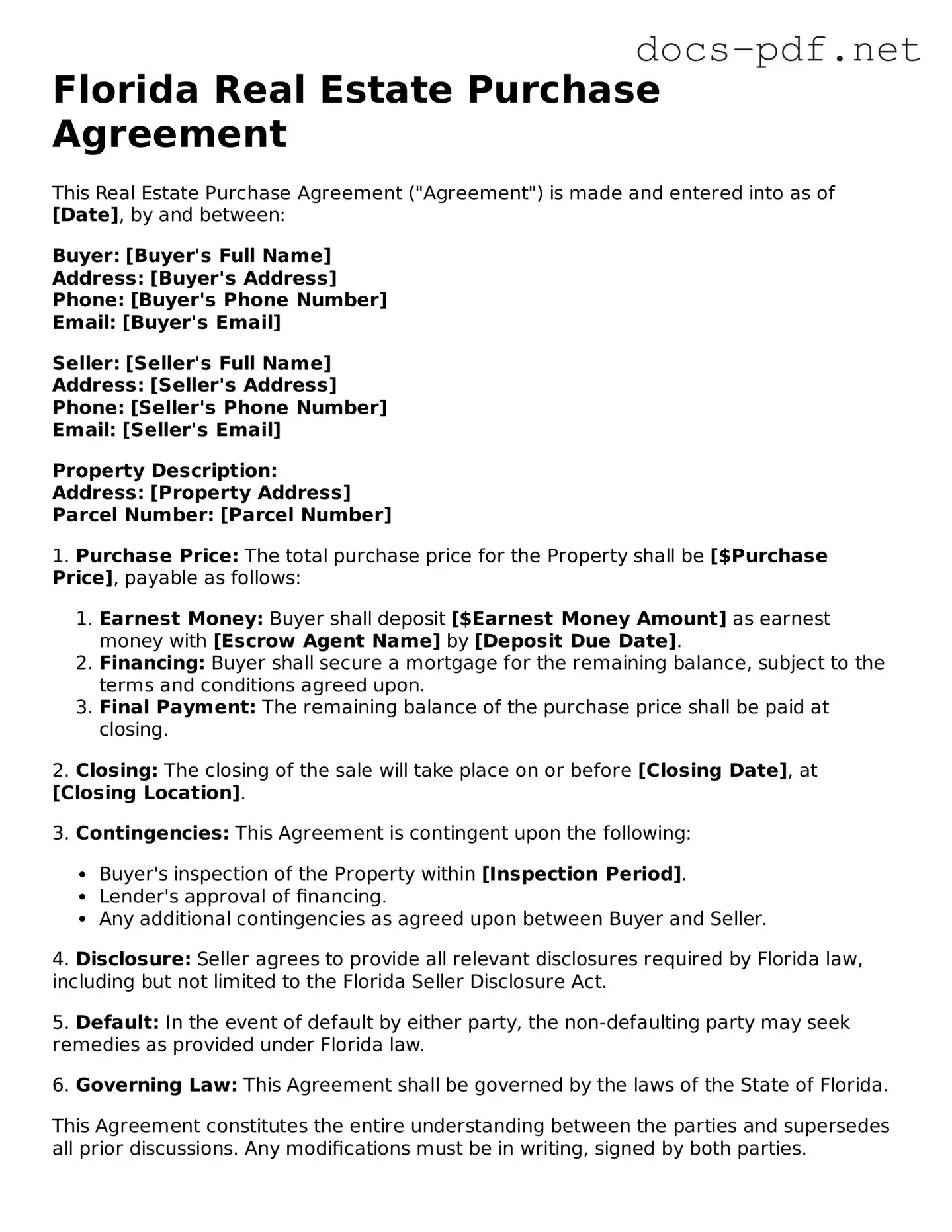 Official  Real Estate Purchase Agreement Form for Florida