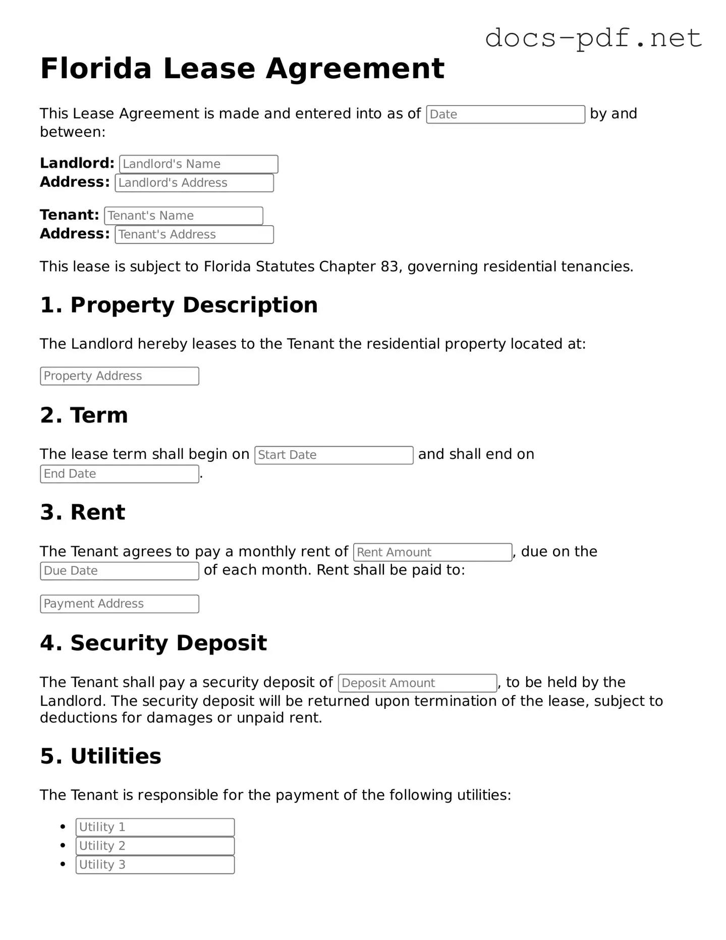 Official  Lease Agreement Form for Florida