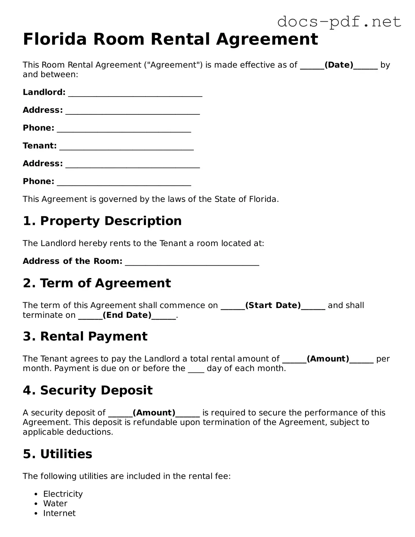 Official  Room Rental Agreement Form for Florida