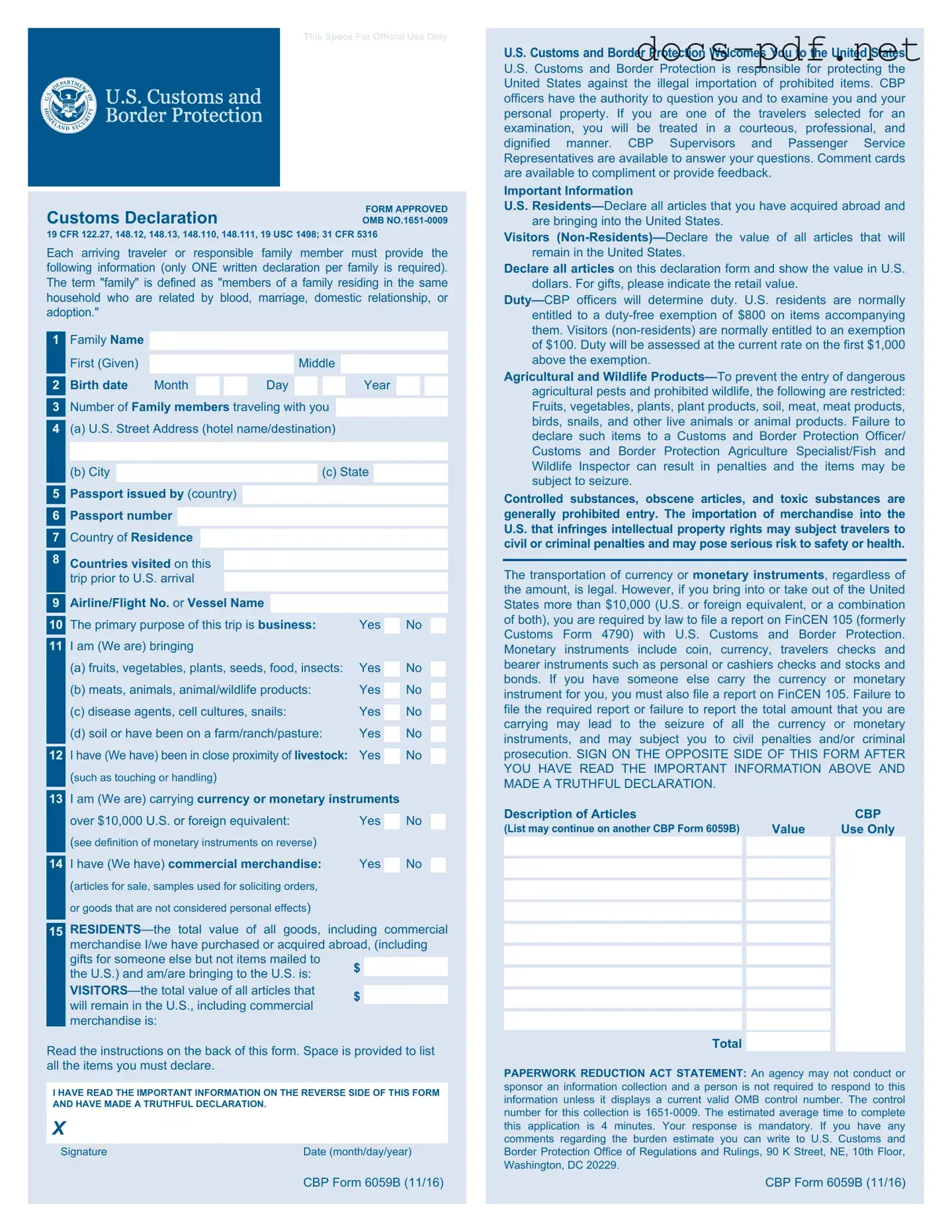 CBP 6059B Form in PDF