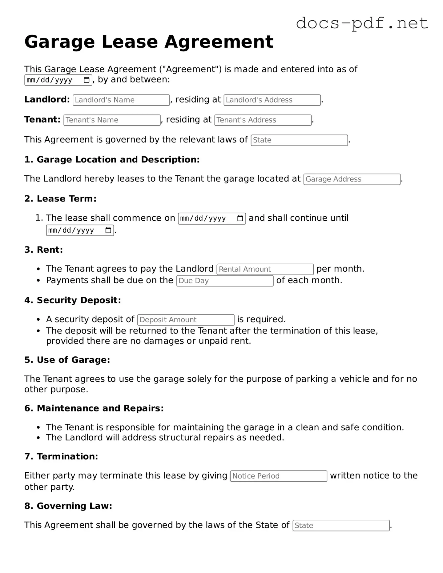 Free Garage Lease Agreement Document