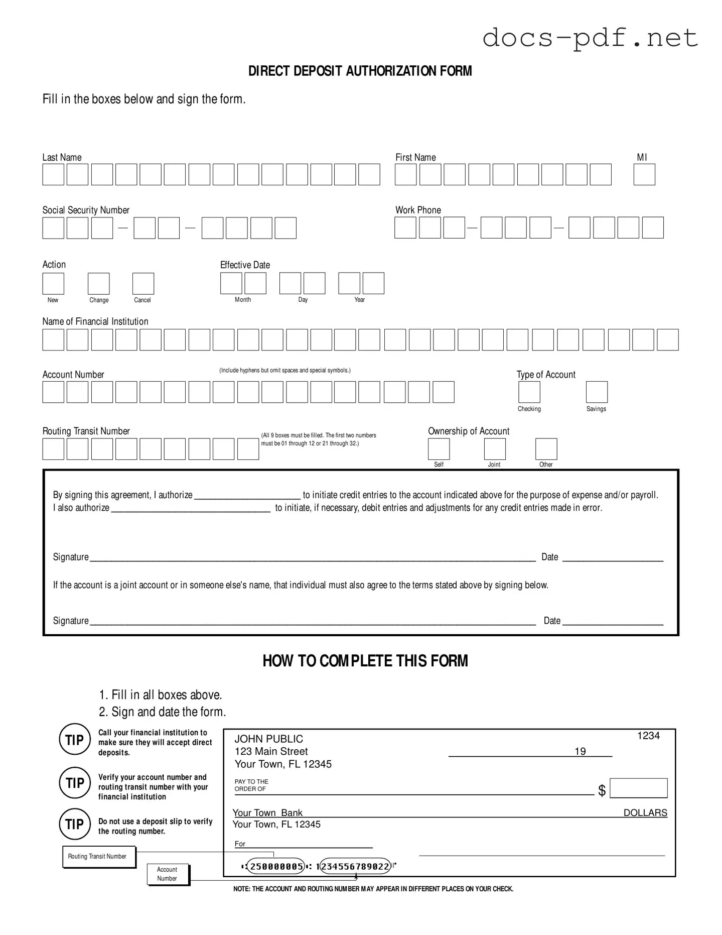 Generic Direct Deposit Form in PDF