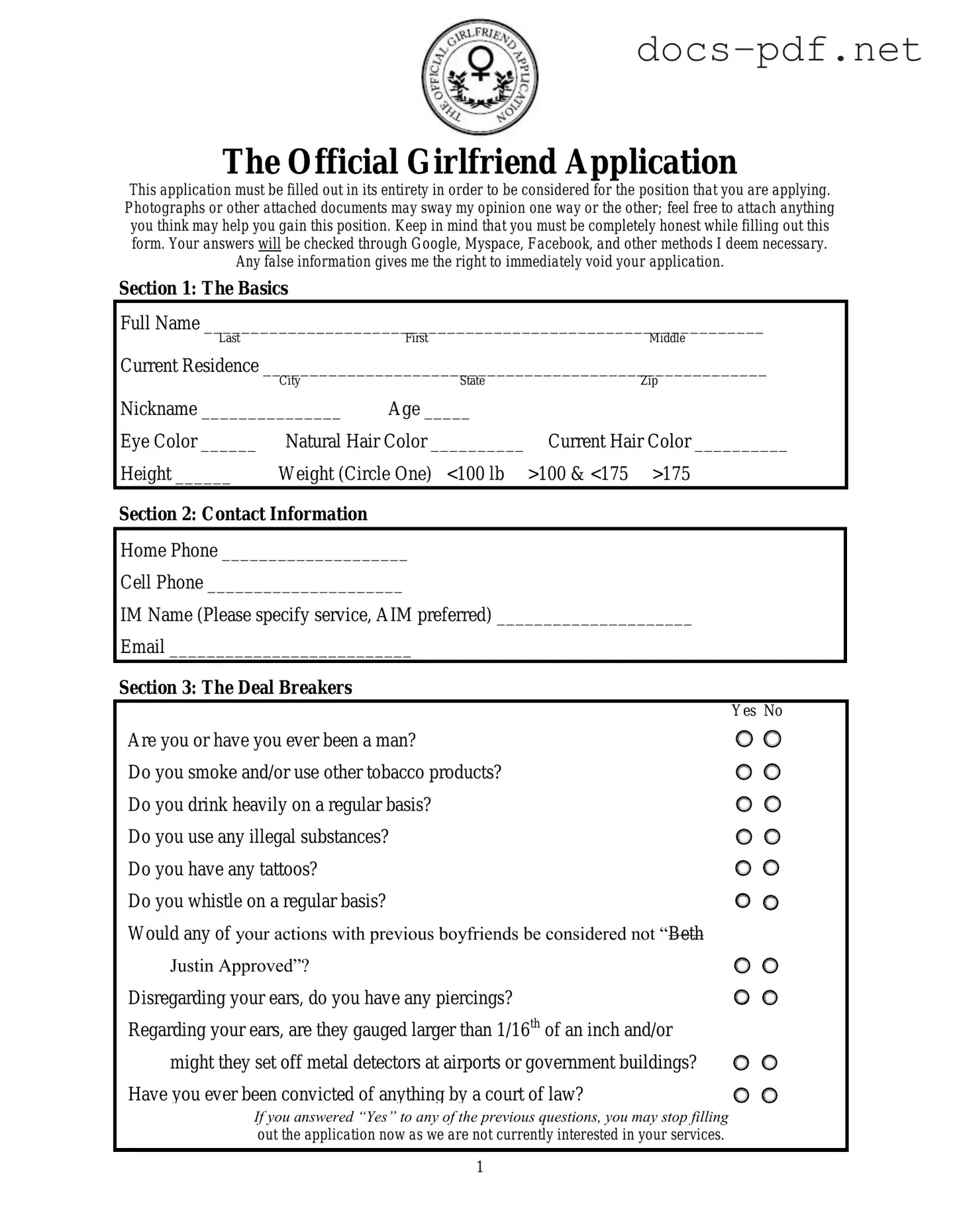 Girlfriend Application Form in PDF