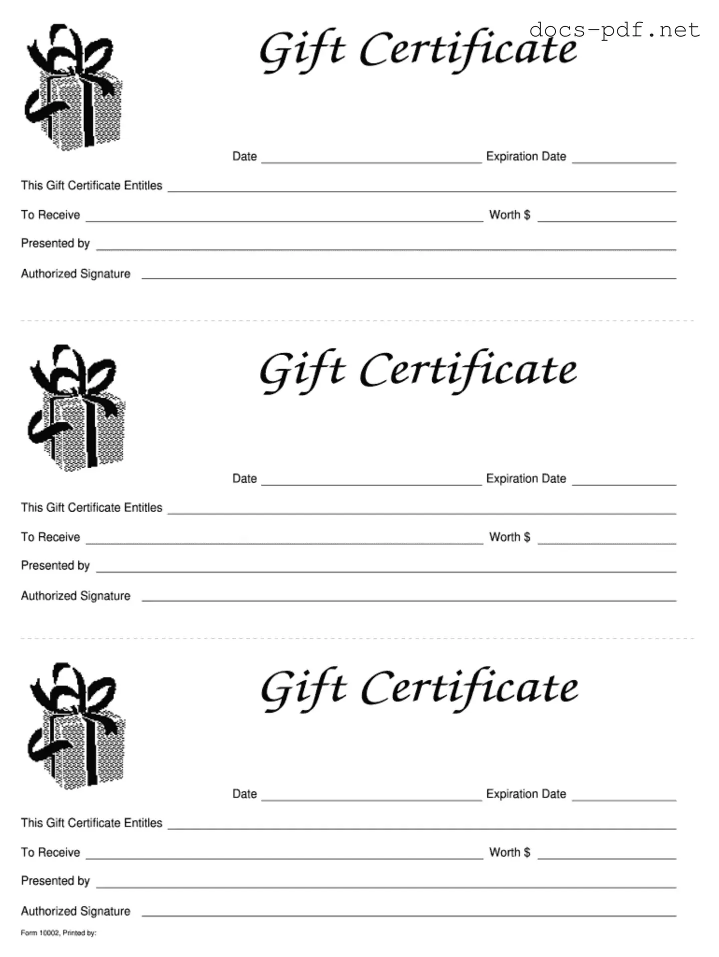 Gift Certificate Form in PDF