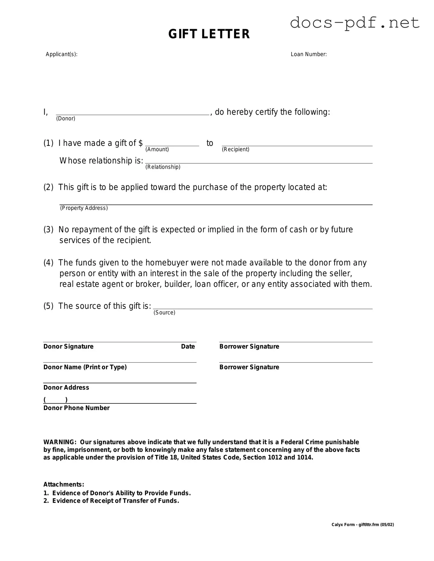 Gift Letter Form in PDF