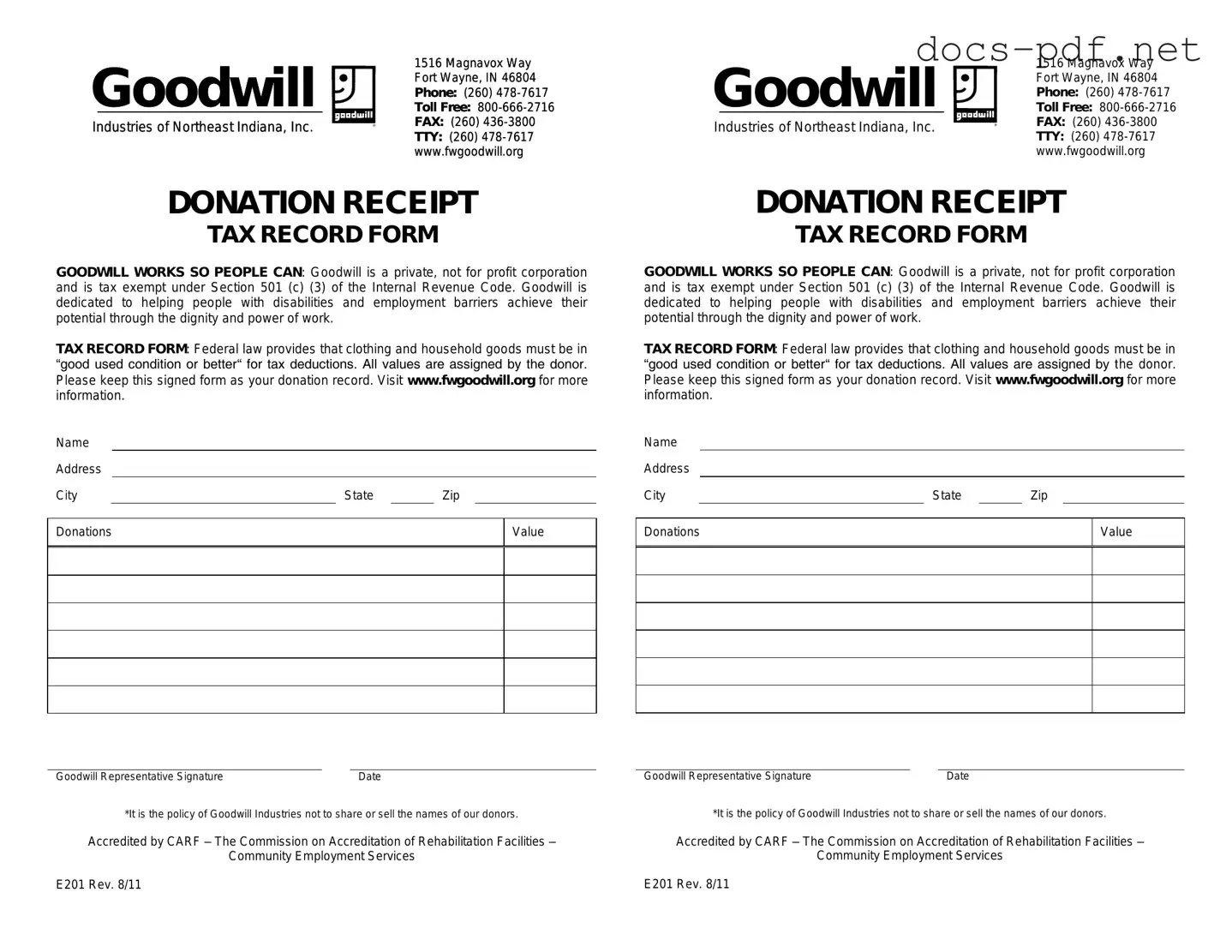Goodwill donation receipt Form in PDF