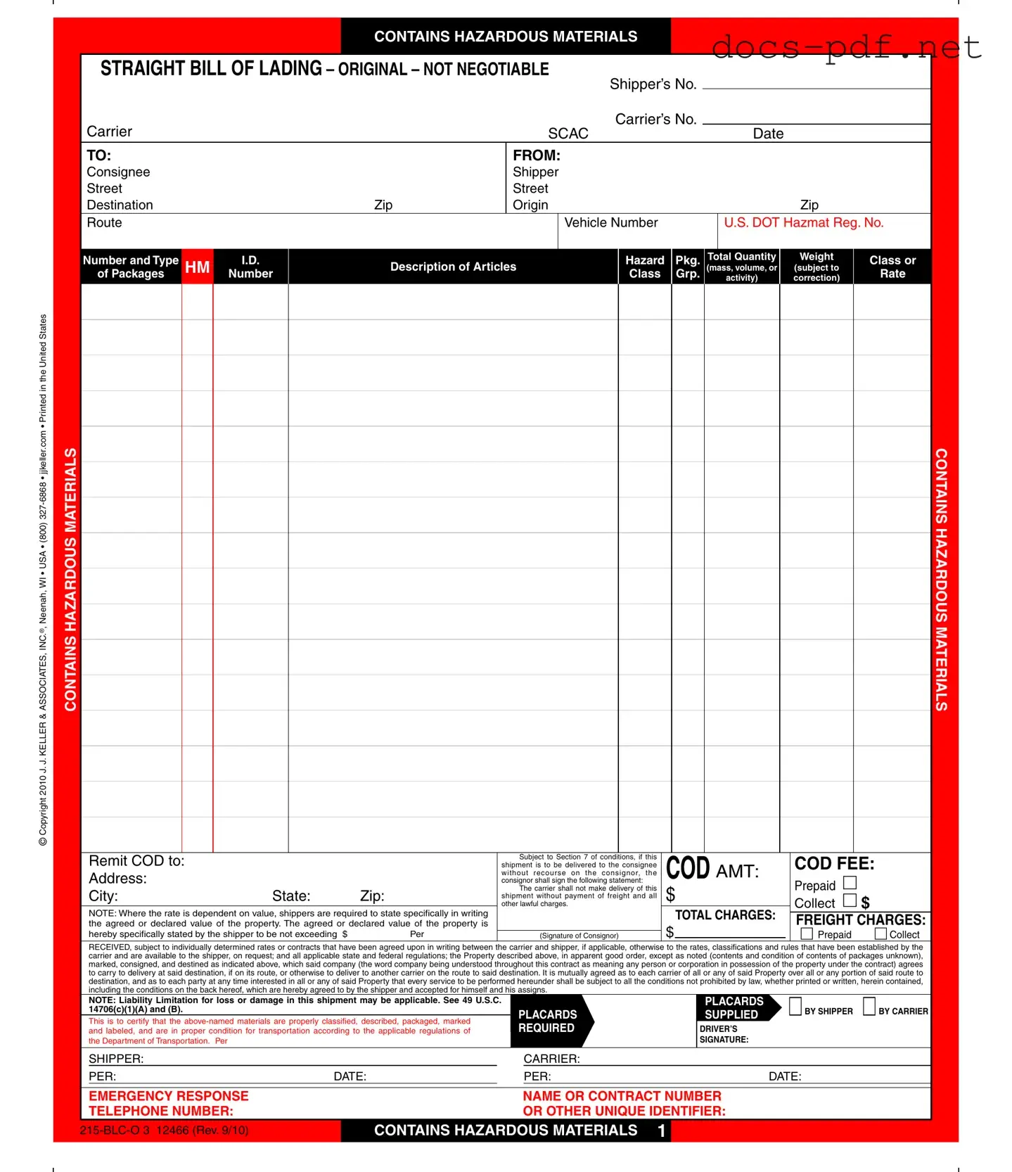 Hazard Bill Of Ladden Form in PDF