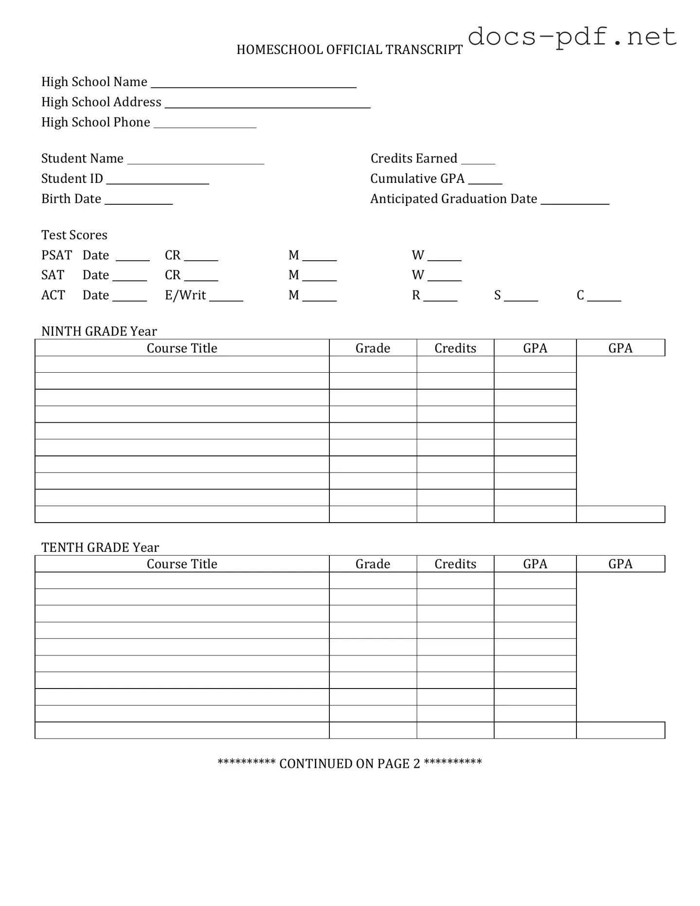 High School Transcript Form in PDF