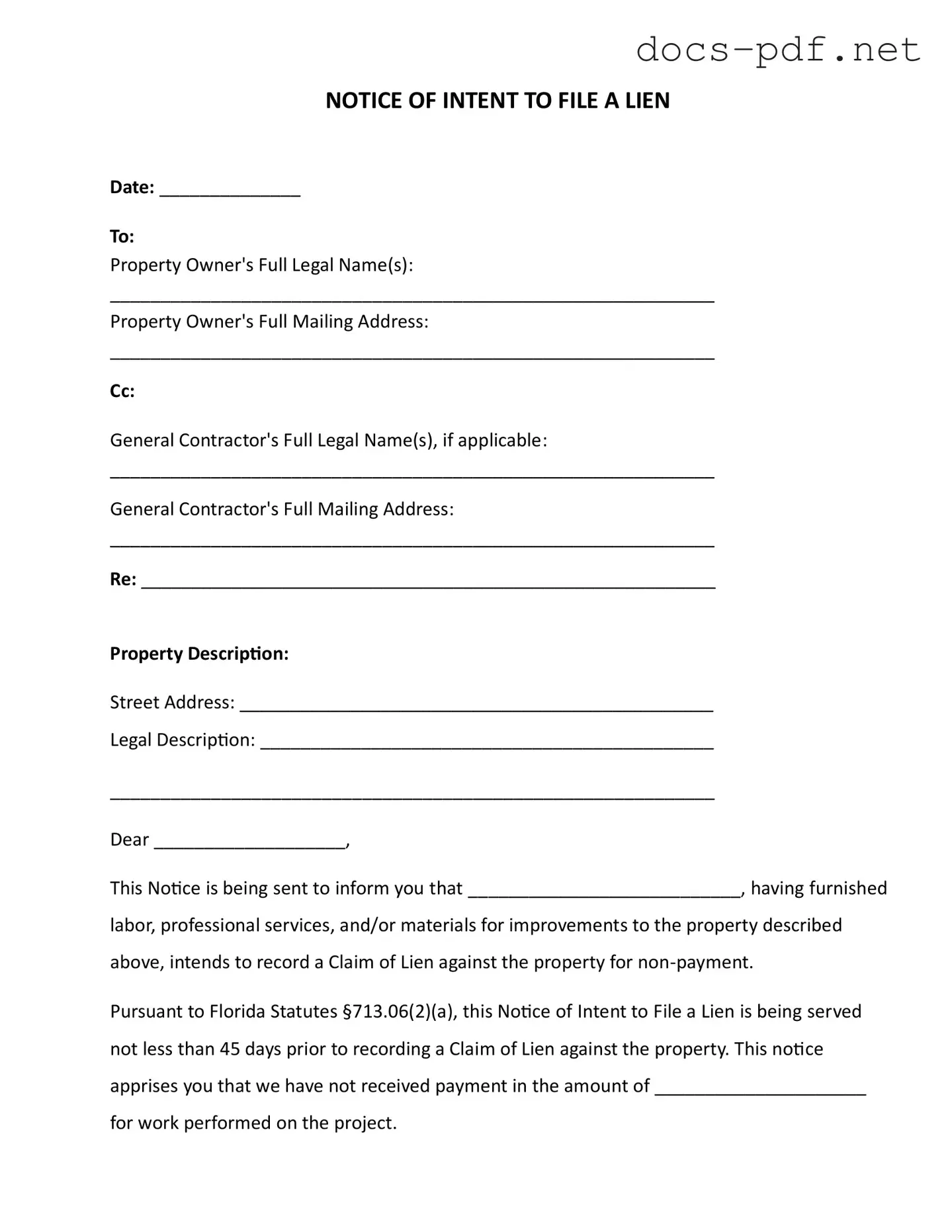 Intent To Lien Florida Form in PDF
