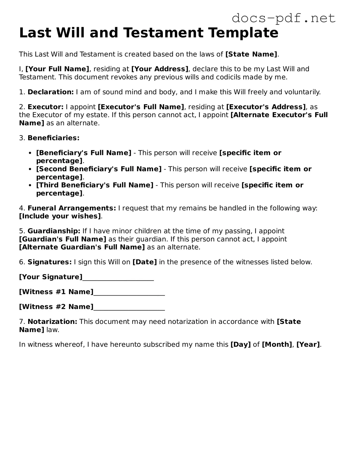 Free Last Will and Testament Document