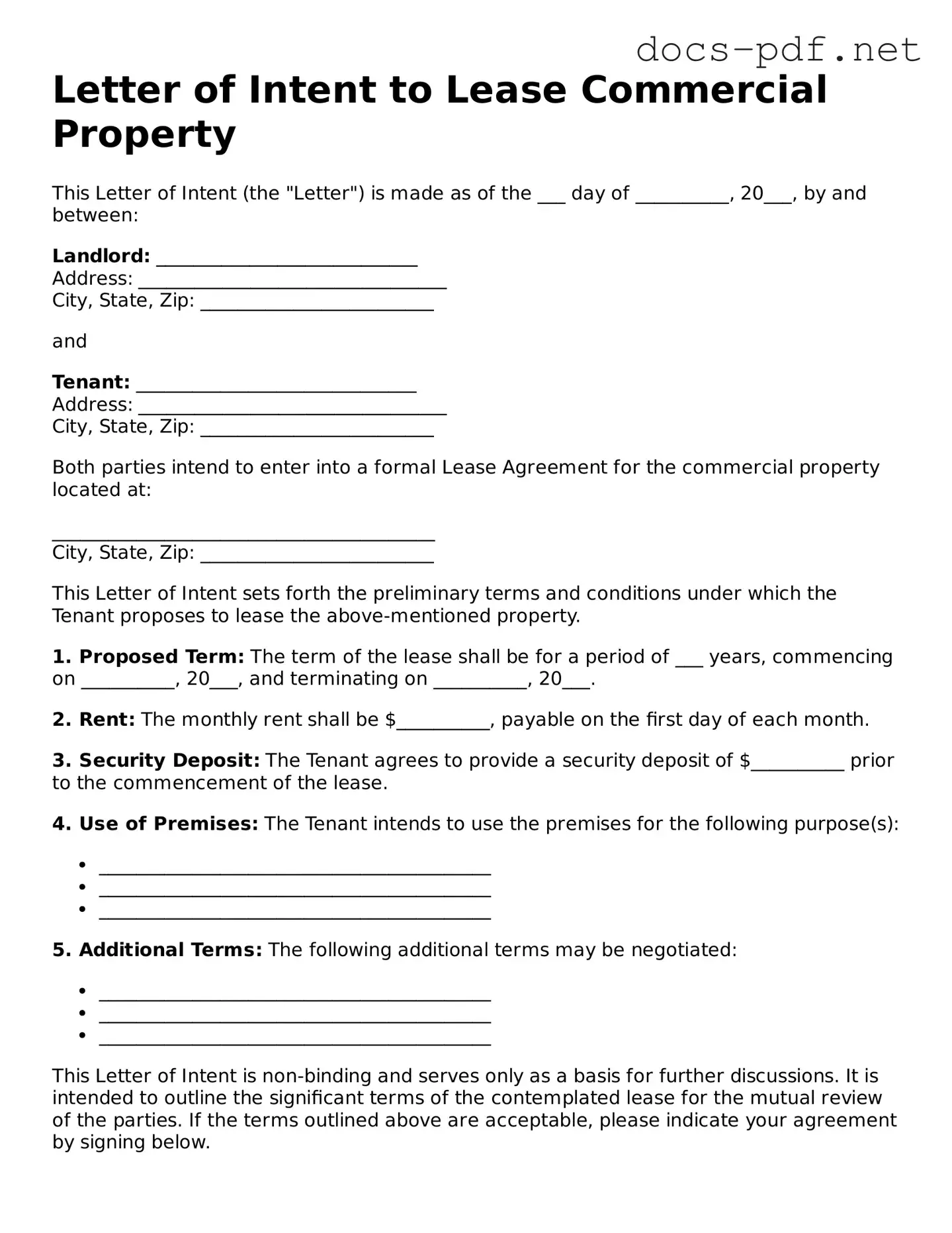 Free Letter of Intent to Lease Commercial Property Document