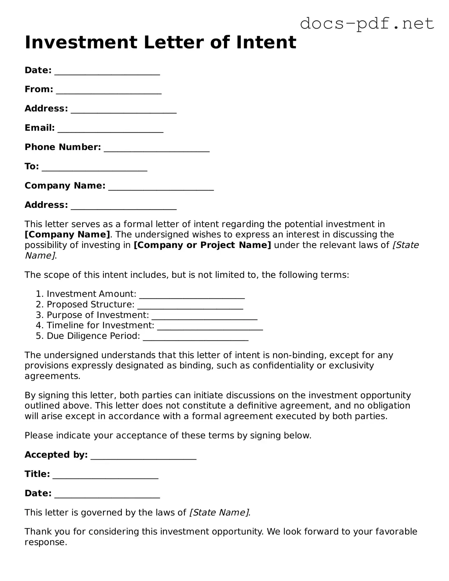 Free Investment Letter of Intent Document