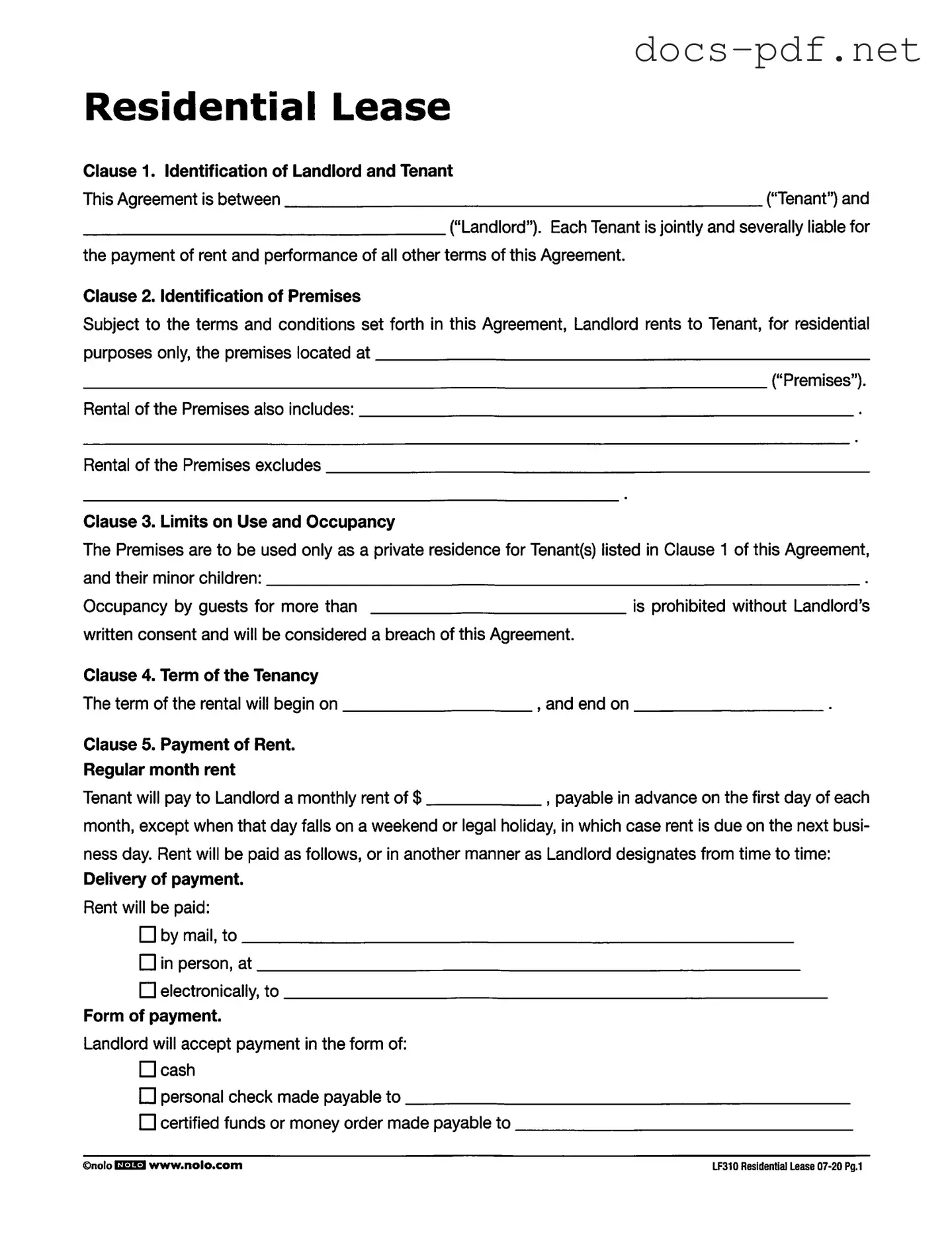 Lf310 Residential Lease Form in PDF