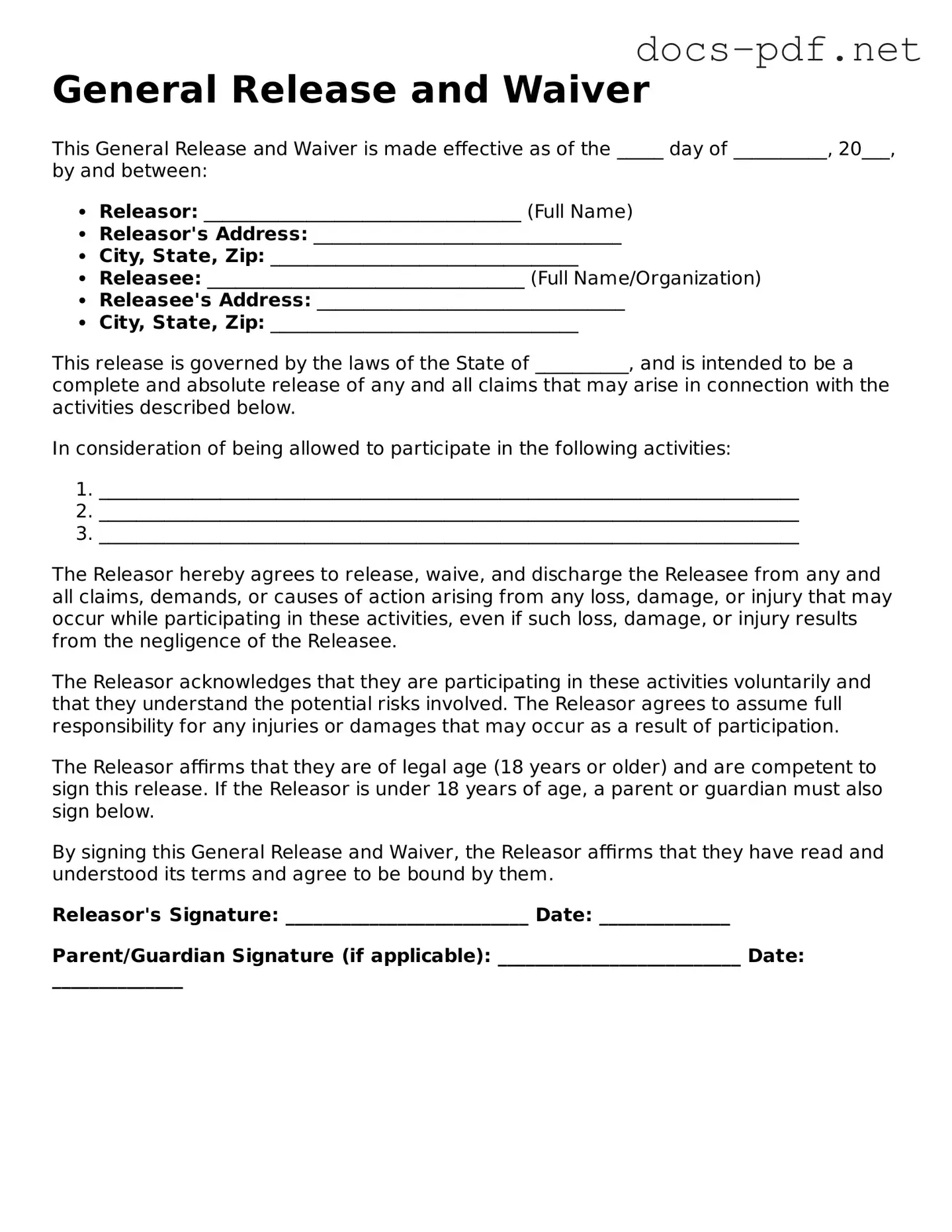 Free Release of Liability Document