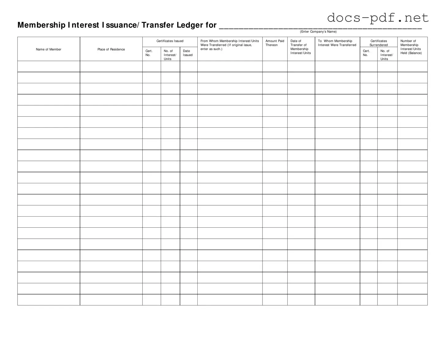 Membership Ledger Form in PDF