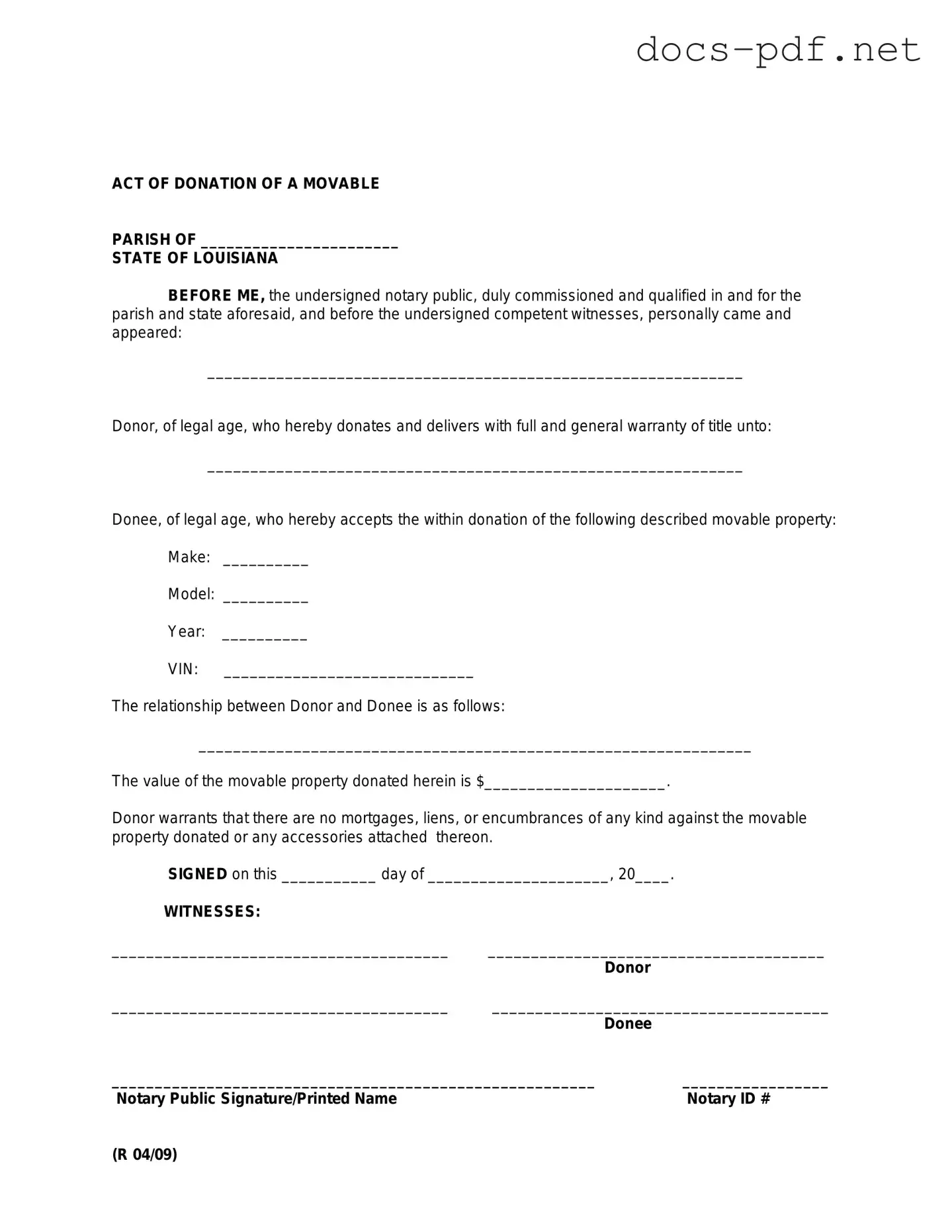 Louisiana act of donation Form in PDF