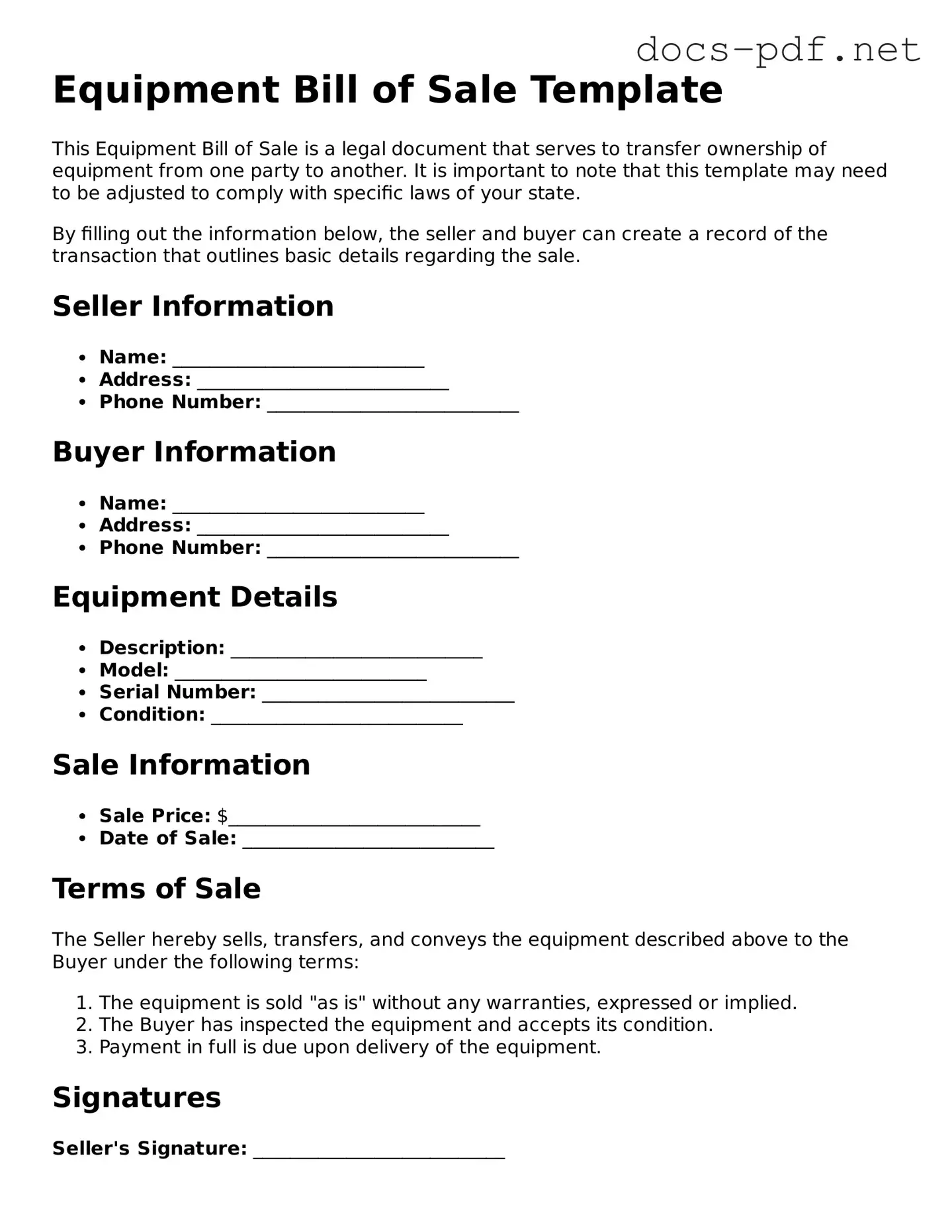 Free Equipment Bill of Sale Document