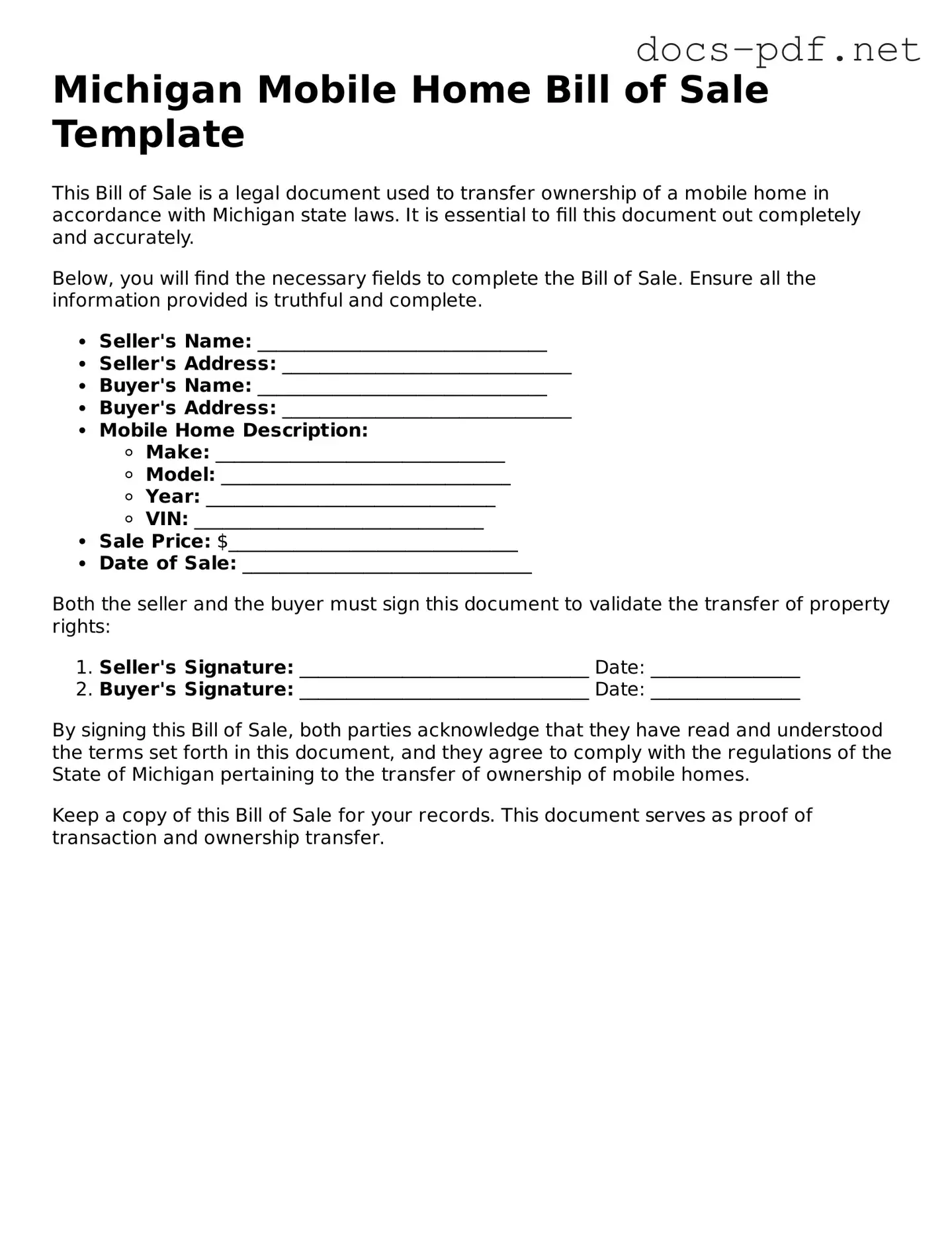 Official  Mobile Home Bill of Sale Form for Michigan