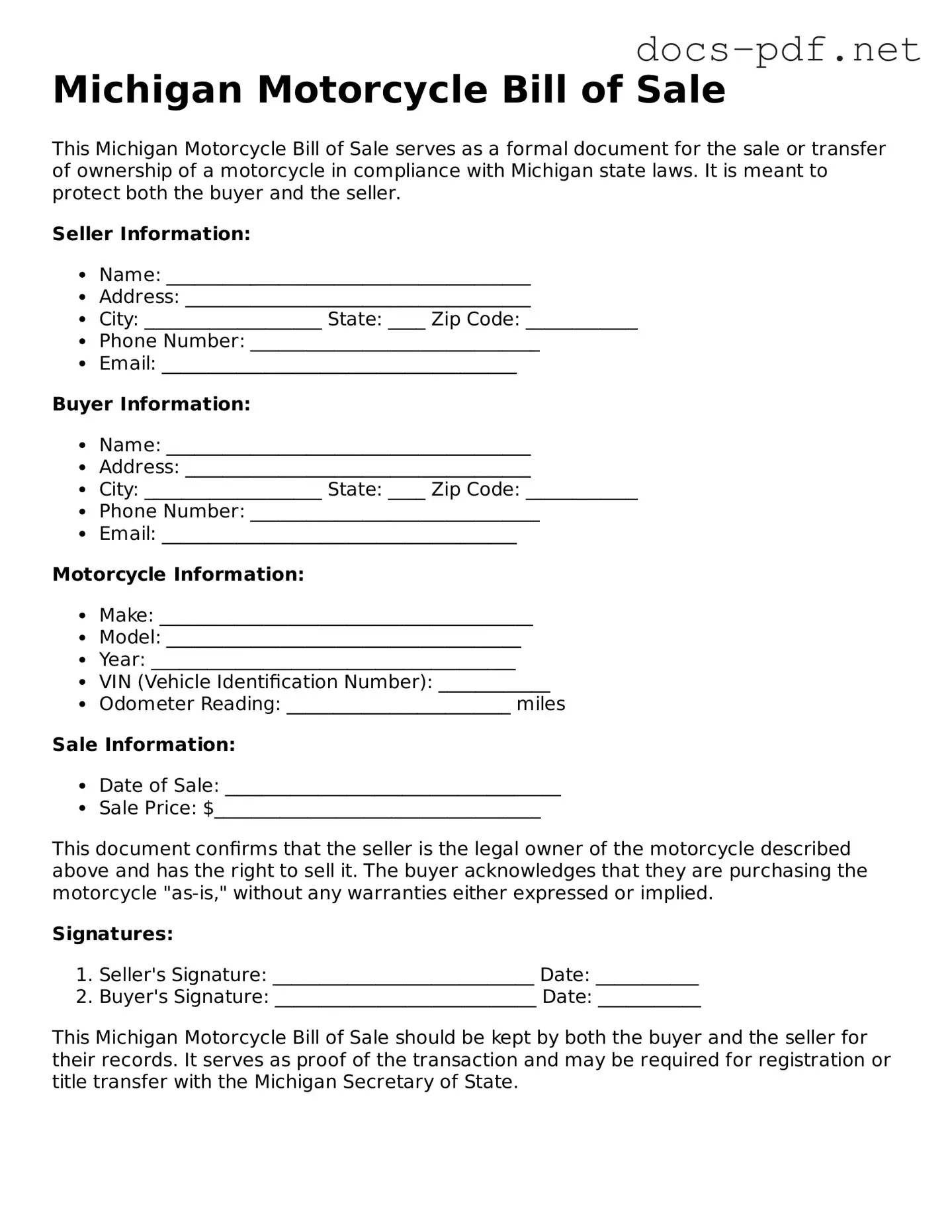 Official  Motorcycle Bill of Sale Form for Michigan