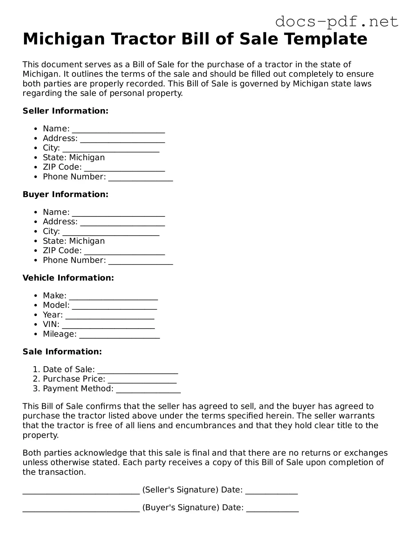 Official  Tractor Bill of Sale Form for Michigan