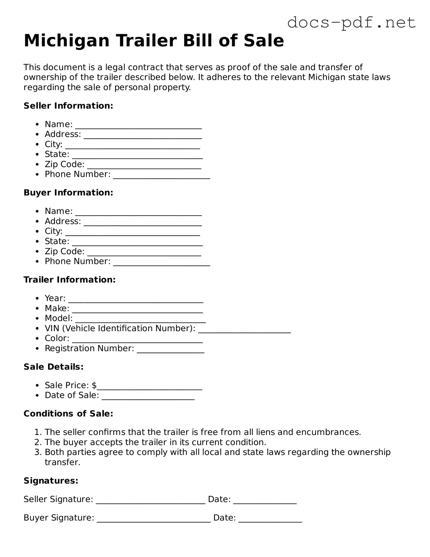 Official  Trailer Bill of Sale Form for Michigan