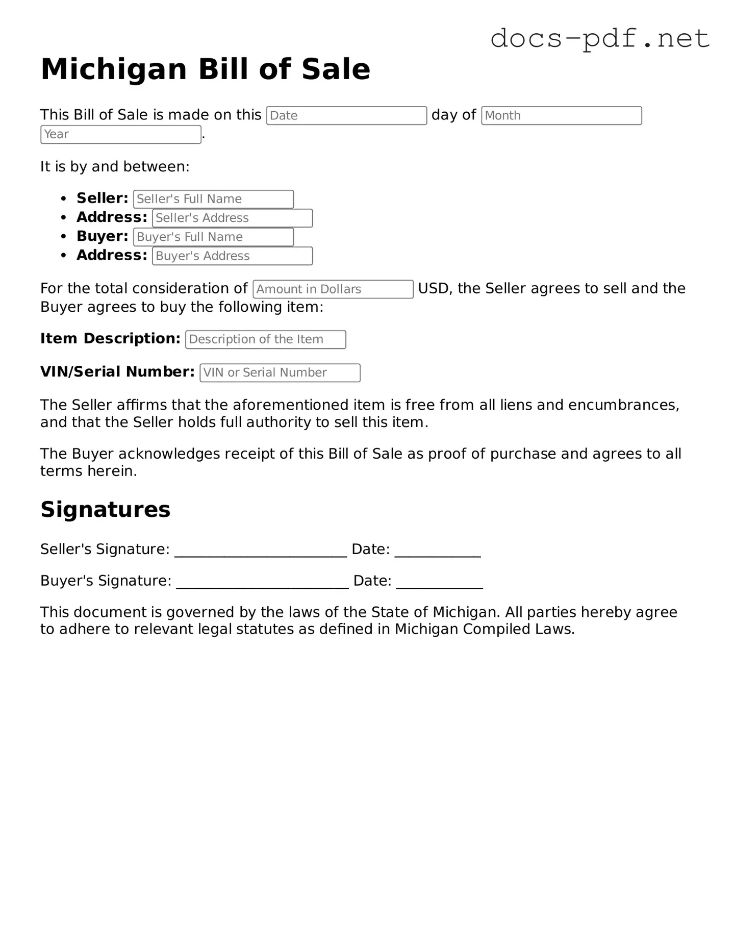 Official  Bill of Sale Form for Michigan
