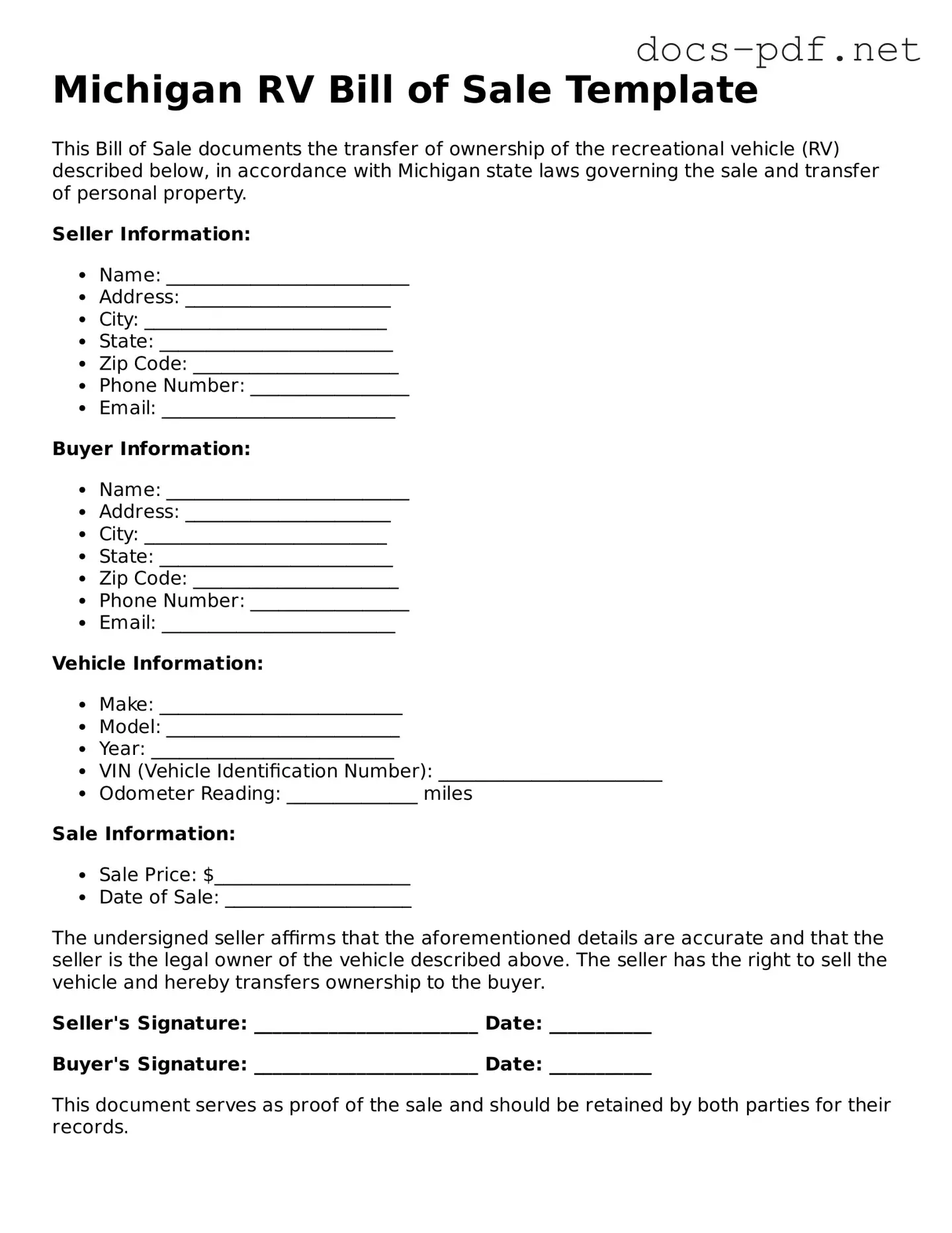 Official  RV Bill of Sale Form for Michigan