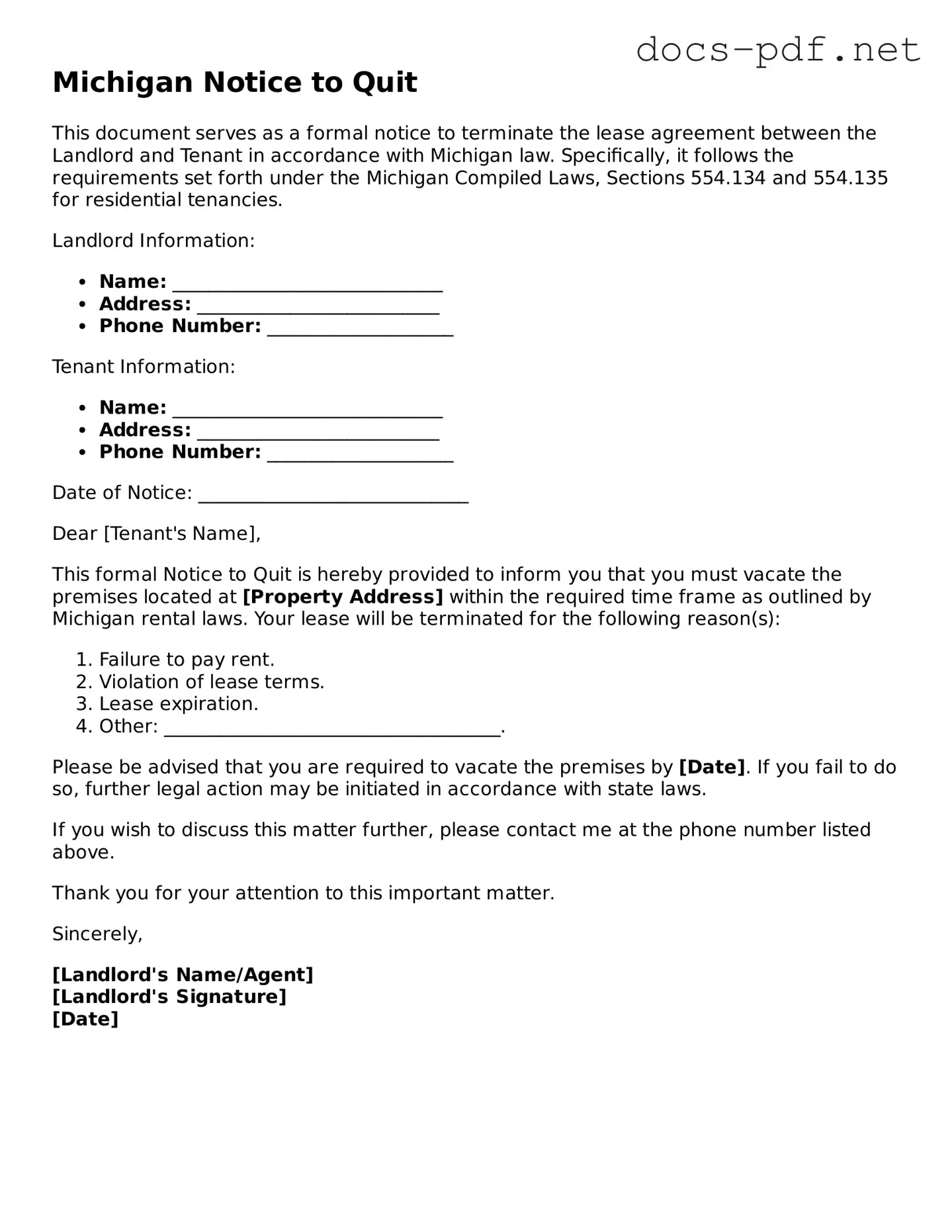 Official  Notice to Quit Form for Michigan