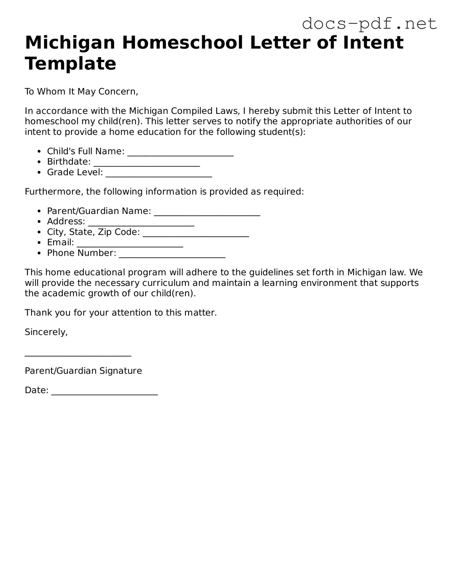 Official  Homeschool Letter of Intent Form for Michigan