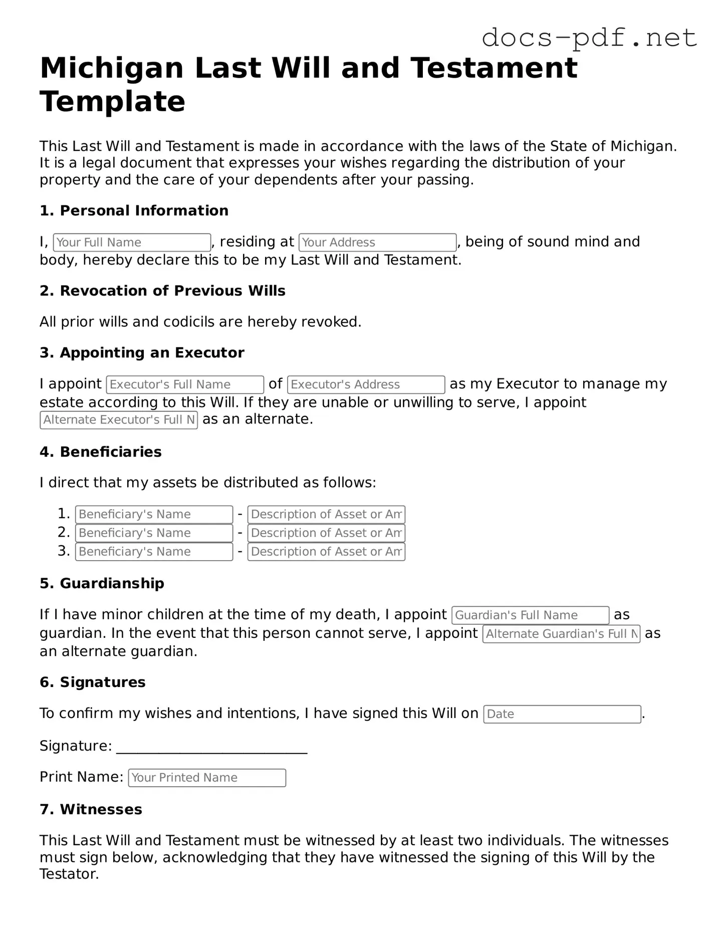 Official  Last Will and Testament Form for Michigan