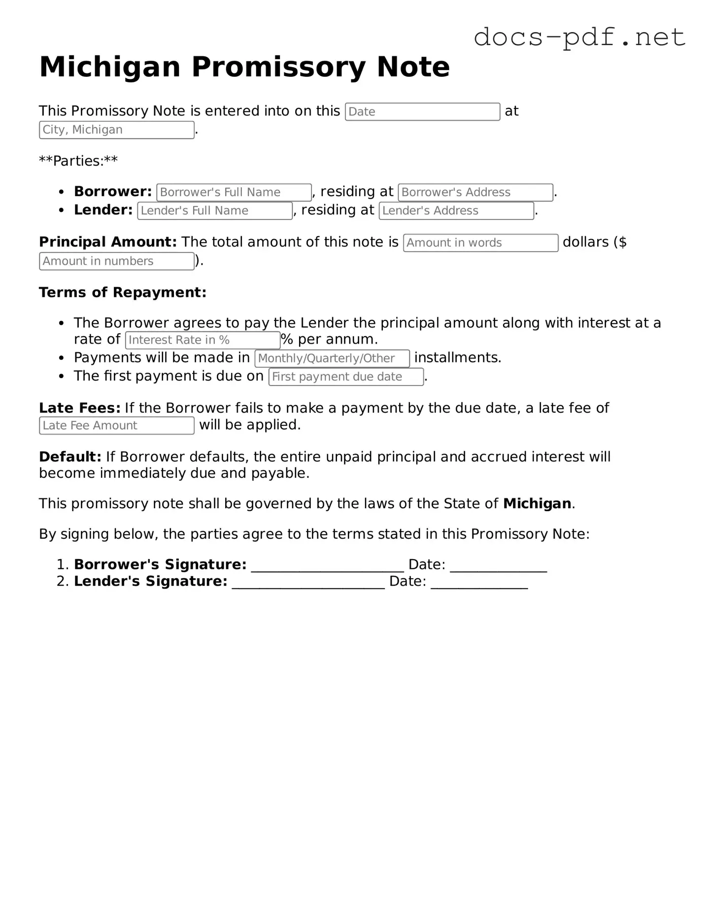 Official  Promissory Note Form for Michigan