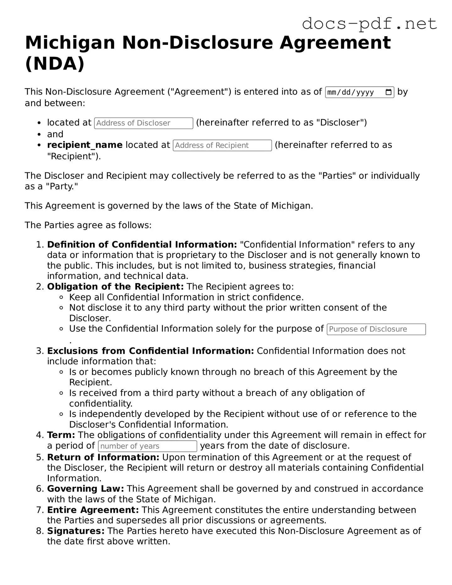 Official  Non-disclosure Agreement Form for Michigan