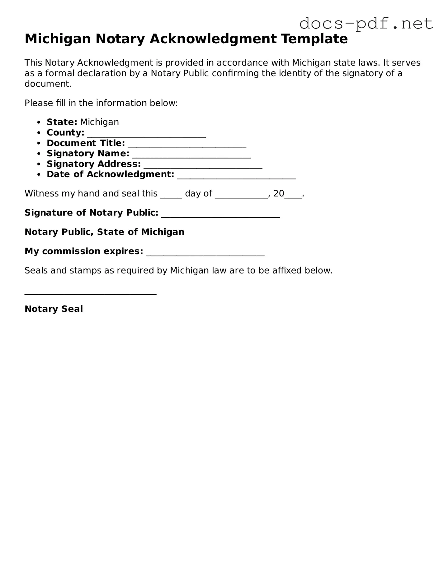 Official  Notary Acknowledgement Form for Michigan