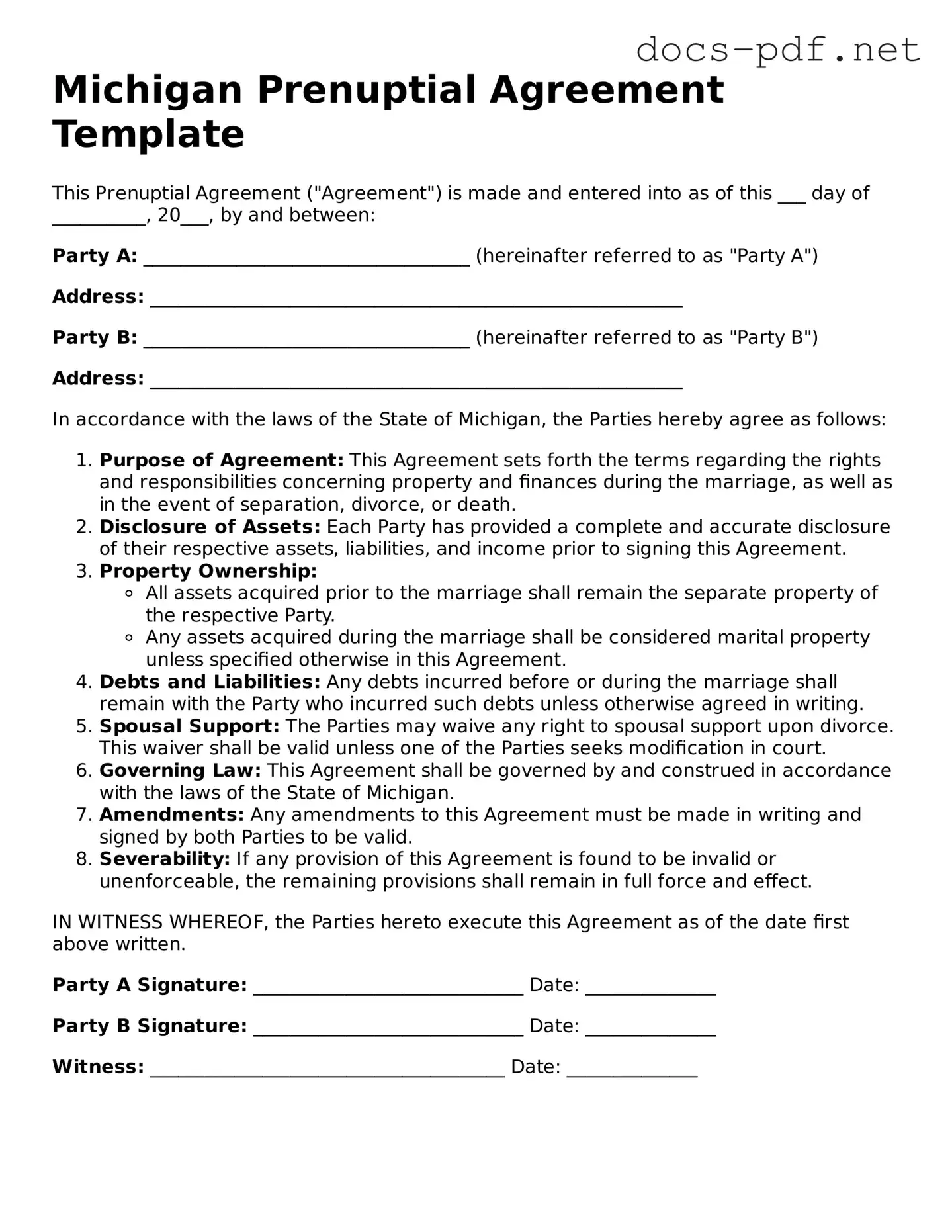Official  Prenuptial Agreement Form for Michigan