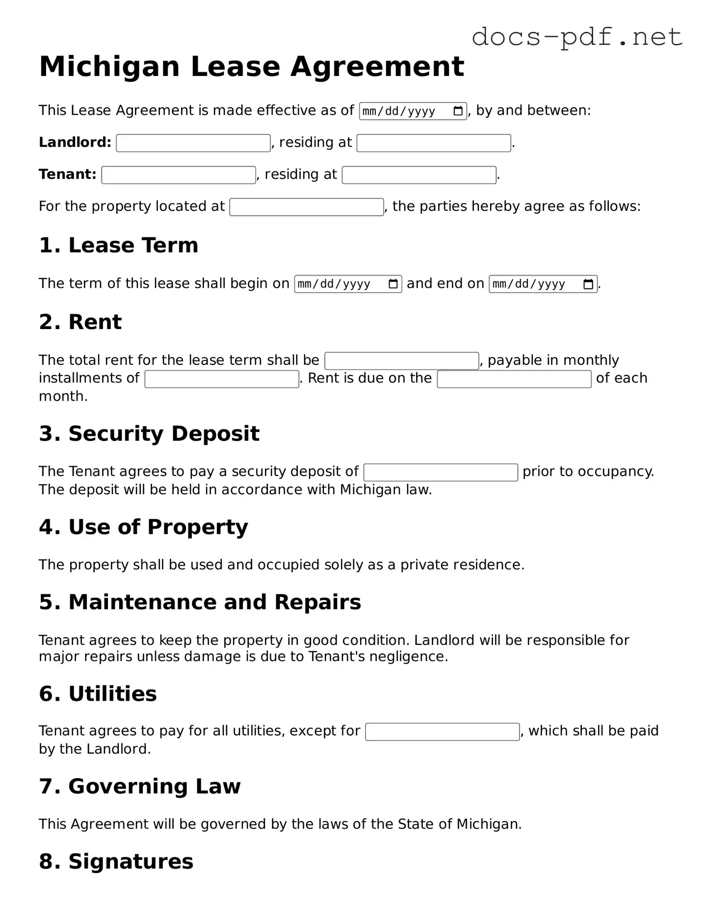 Official  Lease Agreement Form for Michigan