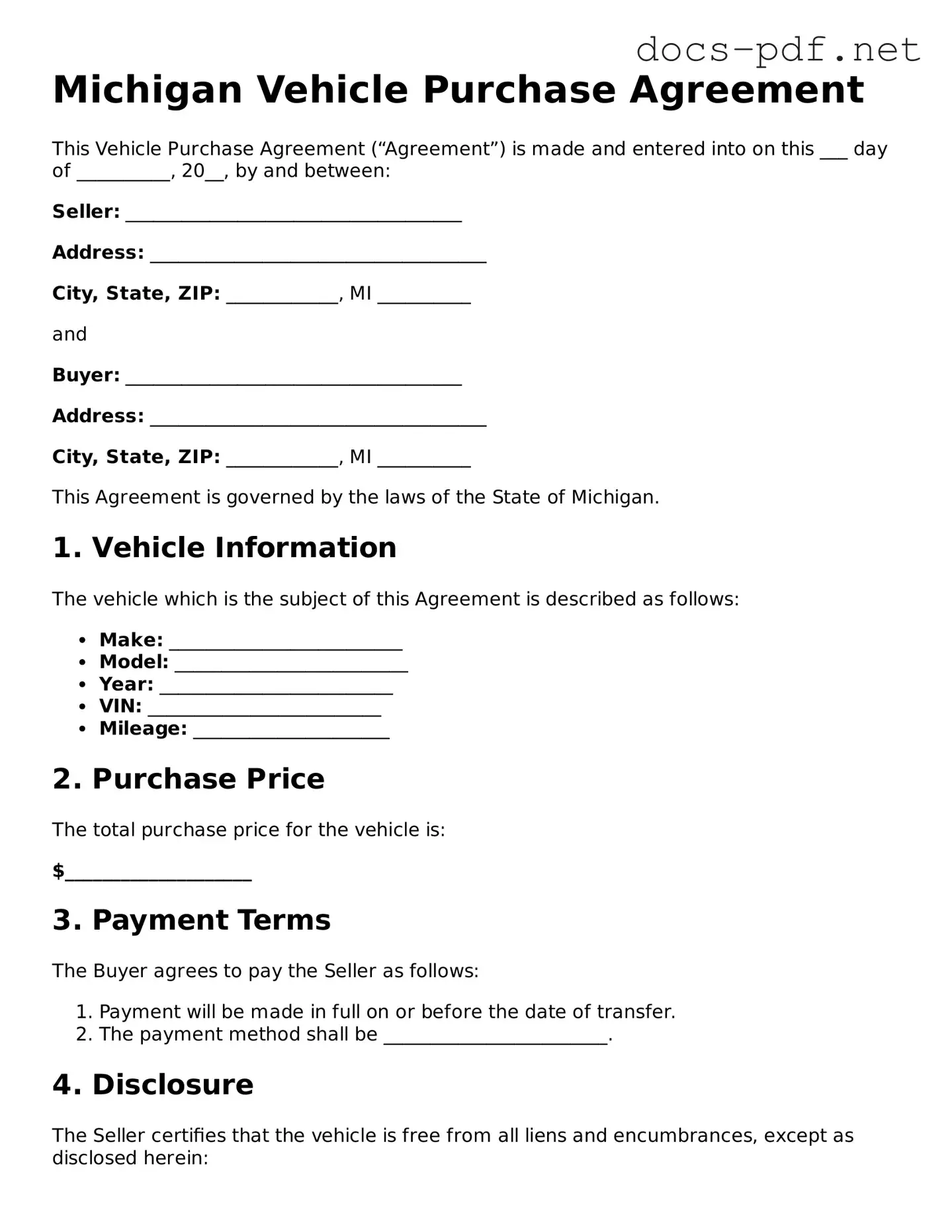 Official  Vehicle Purchase Agreement Form for Michigan