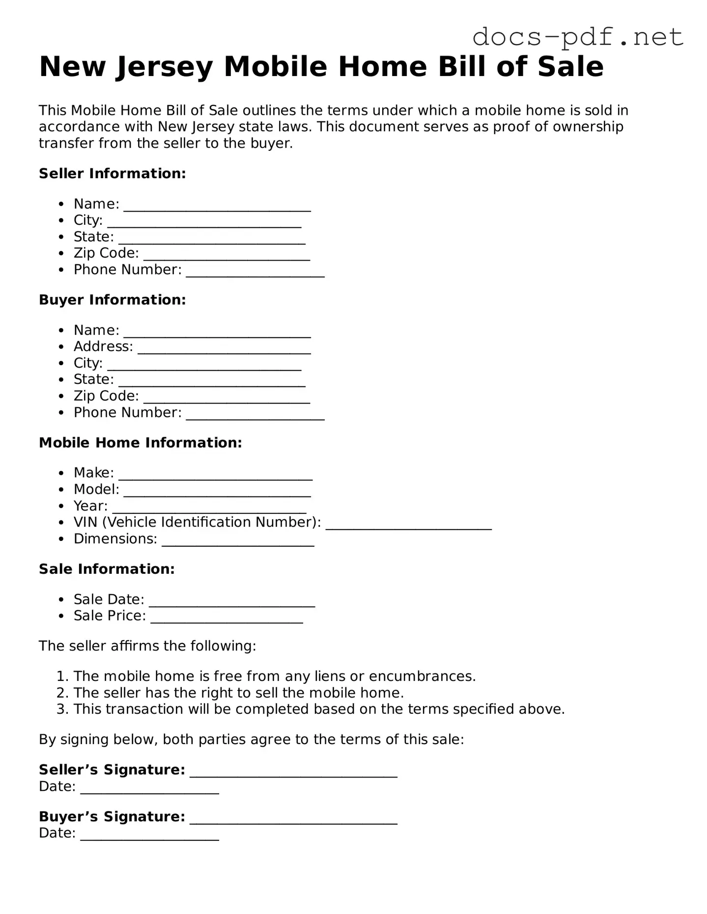 Official  Mobile Home Bill of Sale Form for New Jersey