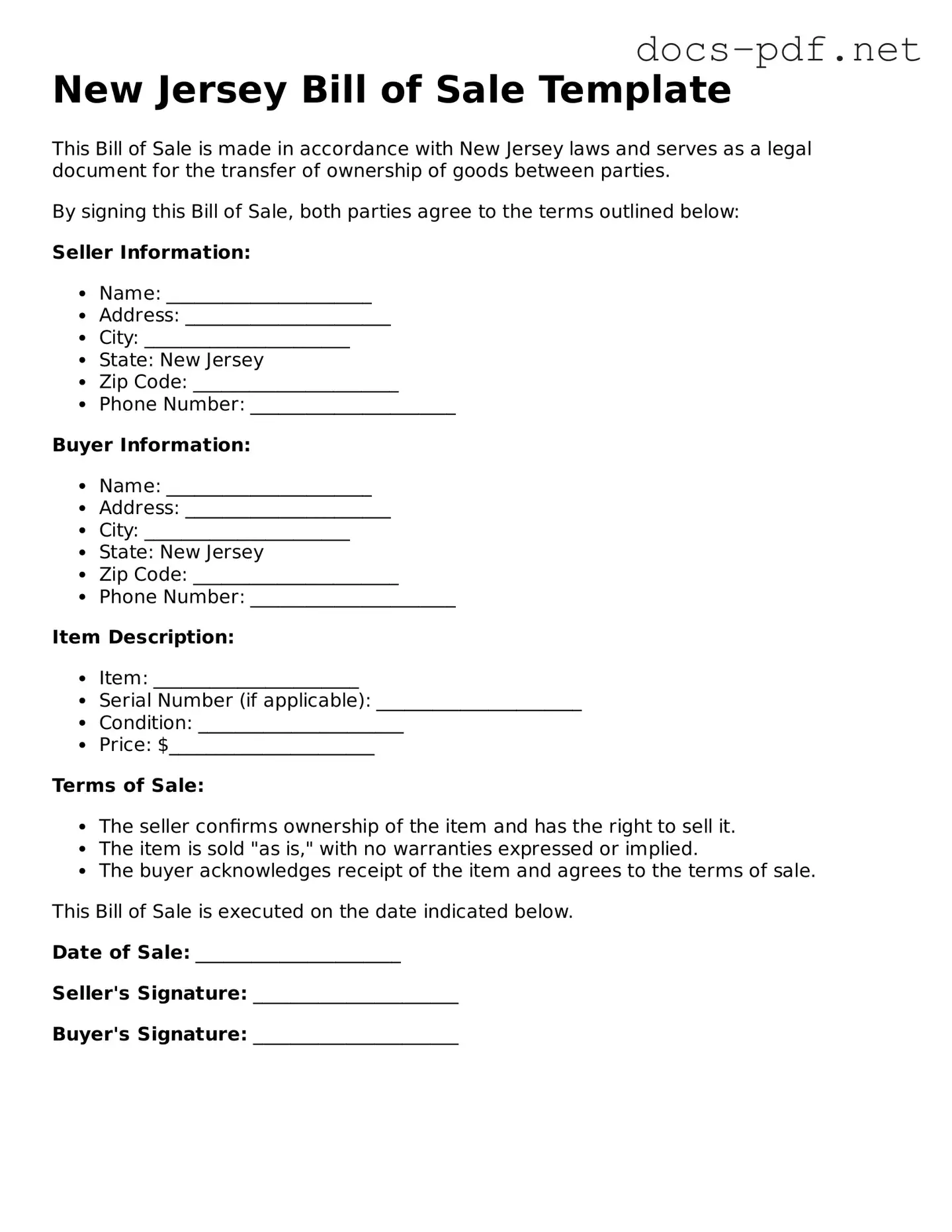 Official  Bill of Sale Form for New Jersey