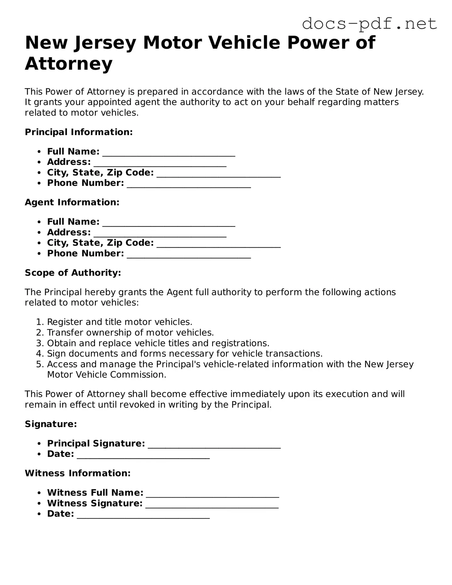 Official  Motor Vehicle Power of Attorney Form for New Jersey